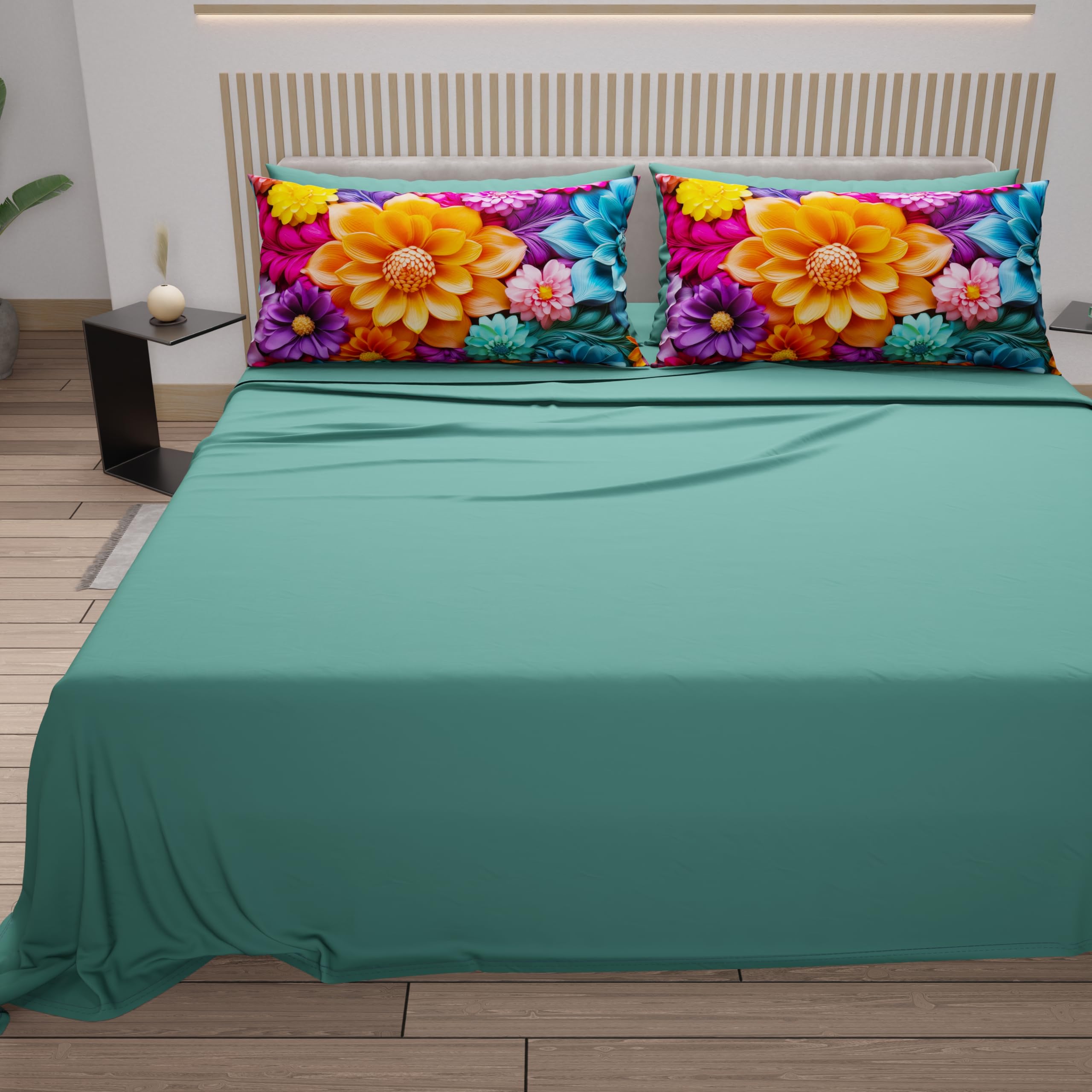 PETTI Artigiani Italiani, Cotton Sheets with Pillowcases in Digital Print, Single Bed Sheet, Single Bed Set, Floral 12 Teal - Image 3