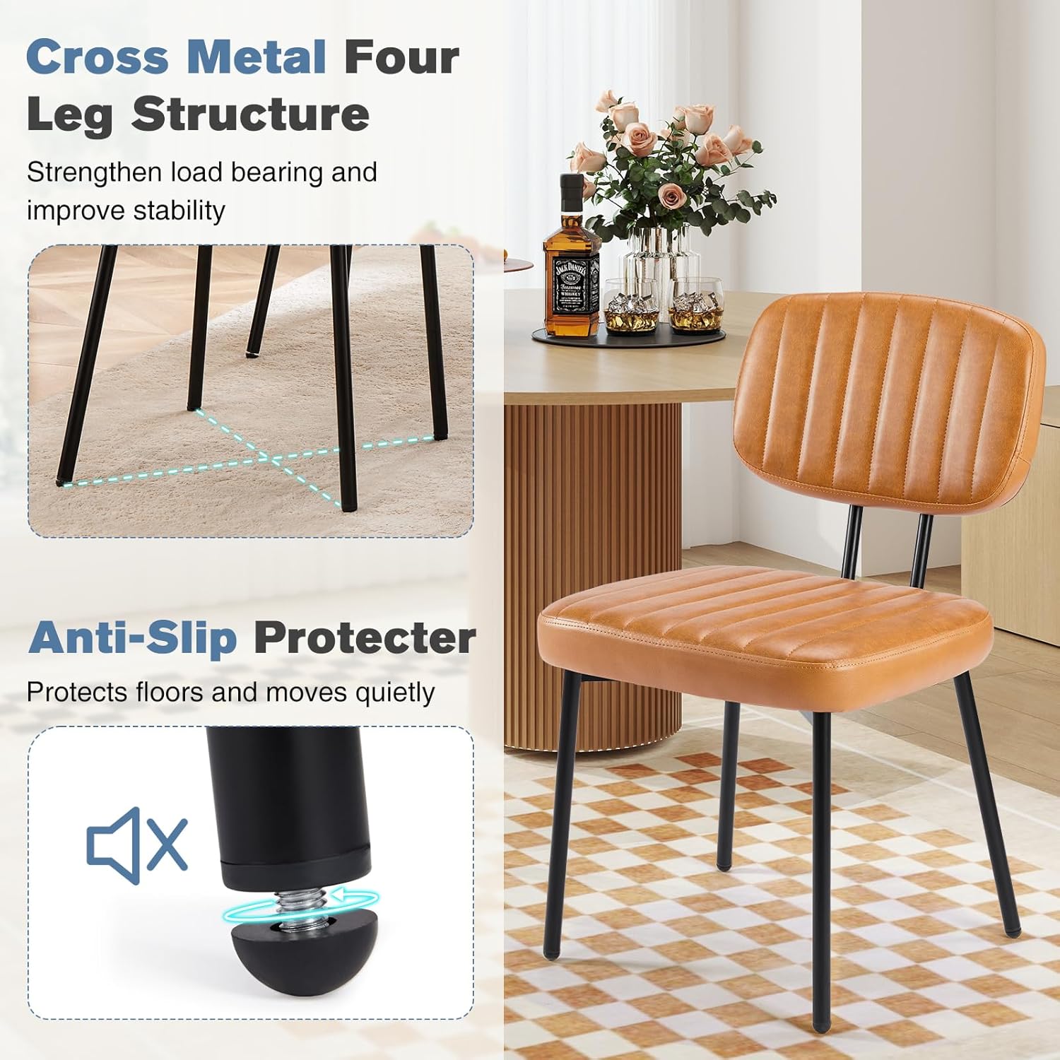 DUMOS Dining Chairs Set of 2, Upholstered Mid-Century PU Leather Accent Chair with Backrest and Metal Legs for Kitchen, Living Room, Brown
