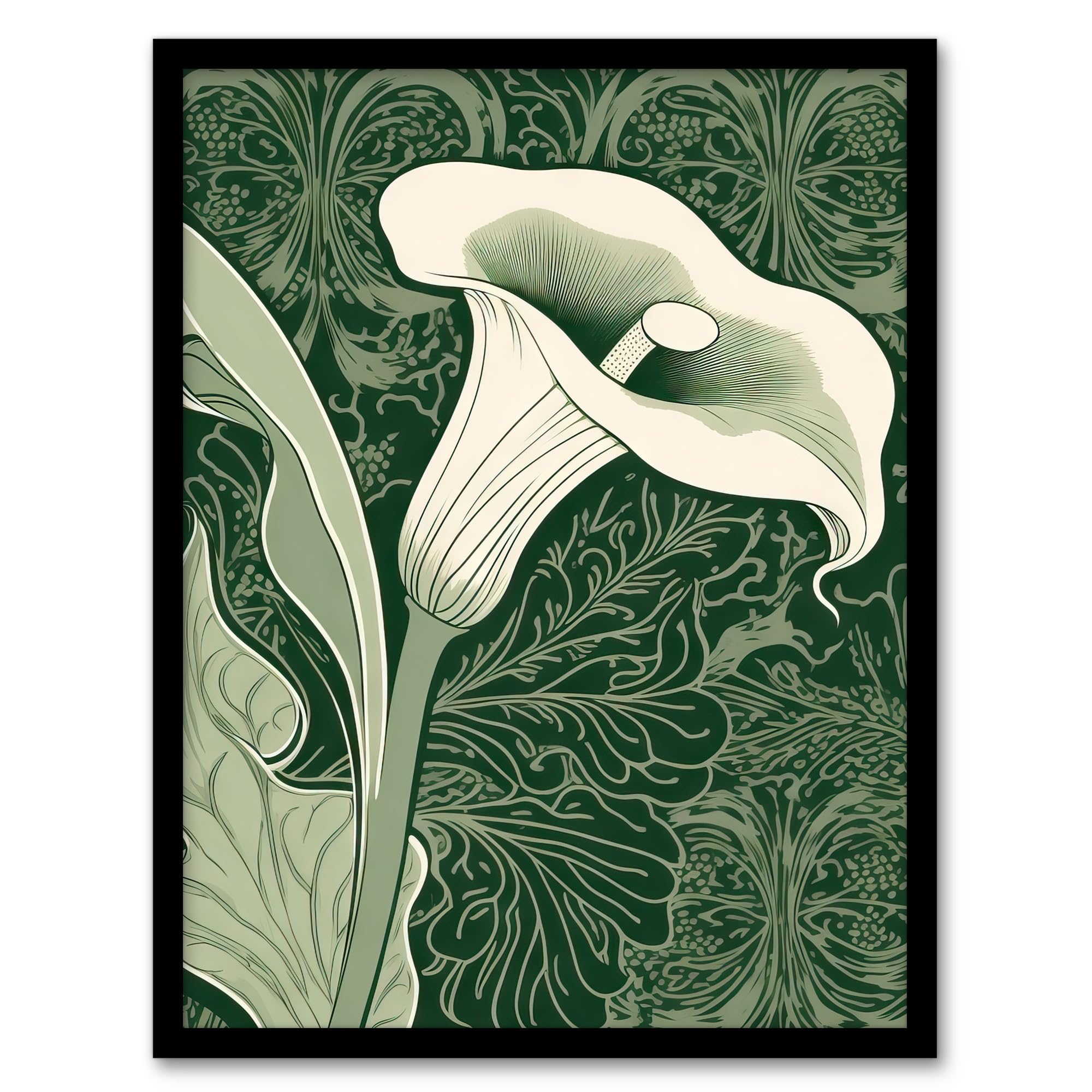 Artery8 Single White Cala Lily Flower Art Nouveau Painting Green Organic Decorative Patterns Nature Colourful Bright Floral Modern Artwork Artwork Framed Wall Art Print 18X24 Inch