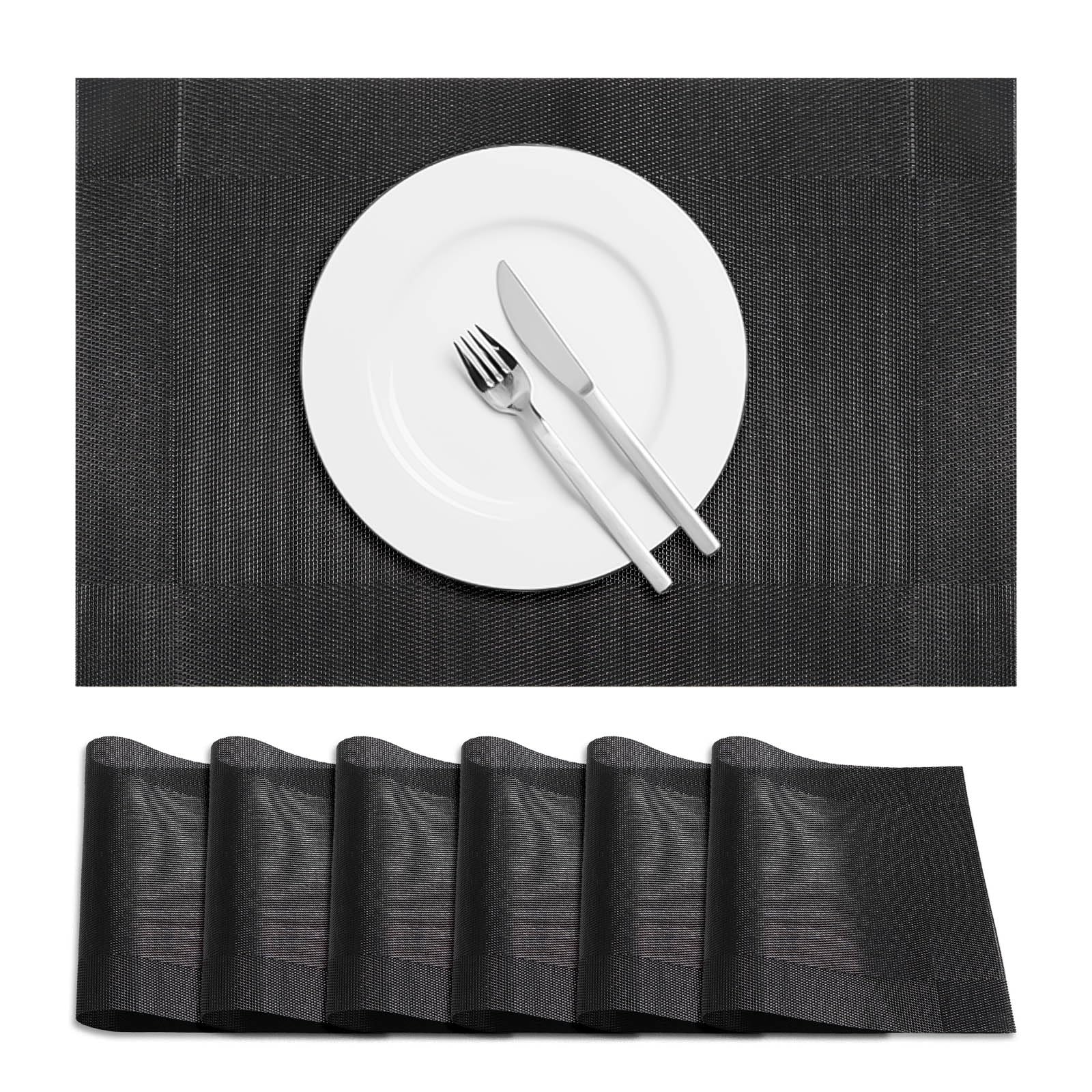 Terafeels 6 Pack Place Mats for Table – Durable and Easy to Clean Placemats for Dining, Kitchen, or Home Decor – Non-Slip, Heat-resistant, Stylish Table Mats (Black)