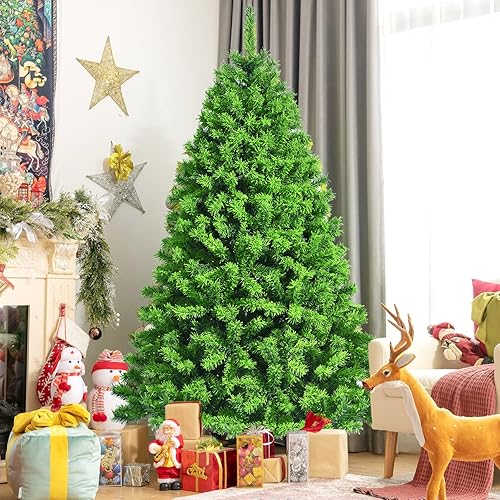 Miniatura 4 de COSTWAY Árbol de Navidad artificial con bisagras flocadas verdes de 6.5 pies con soporte de metal