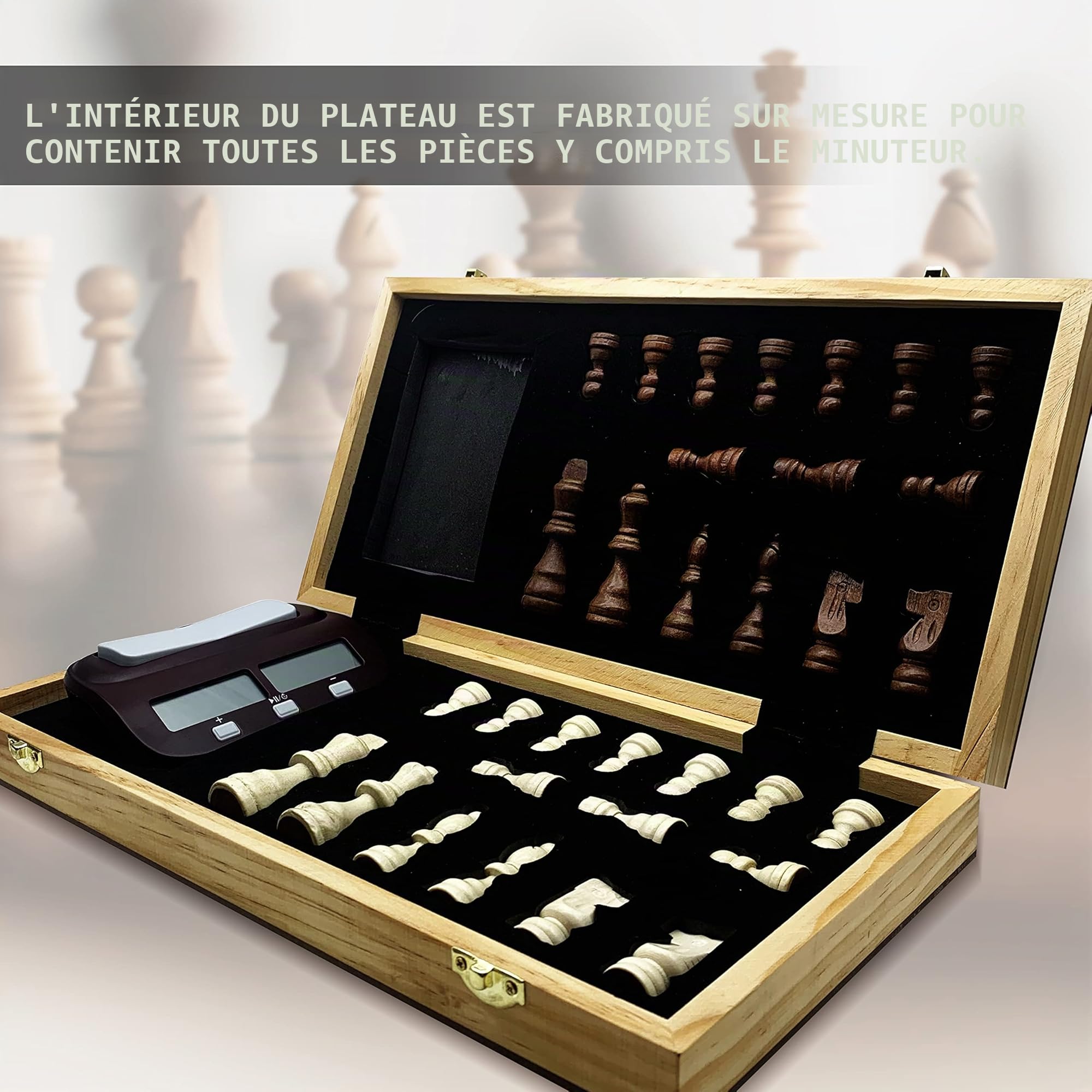DOJA Barcelona | Echiquier en Bois et Minuterie Numérique | 39x39cm | Pièces Jeu Echec Staunton et Horloge Digitale | Pliable Jeu d Echecs Magnetique | Jeux de Société Enfant Adulte, Jeu Voyage..