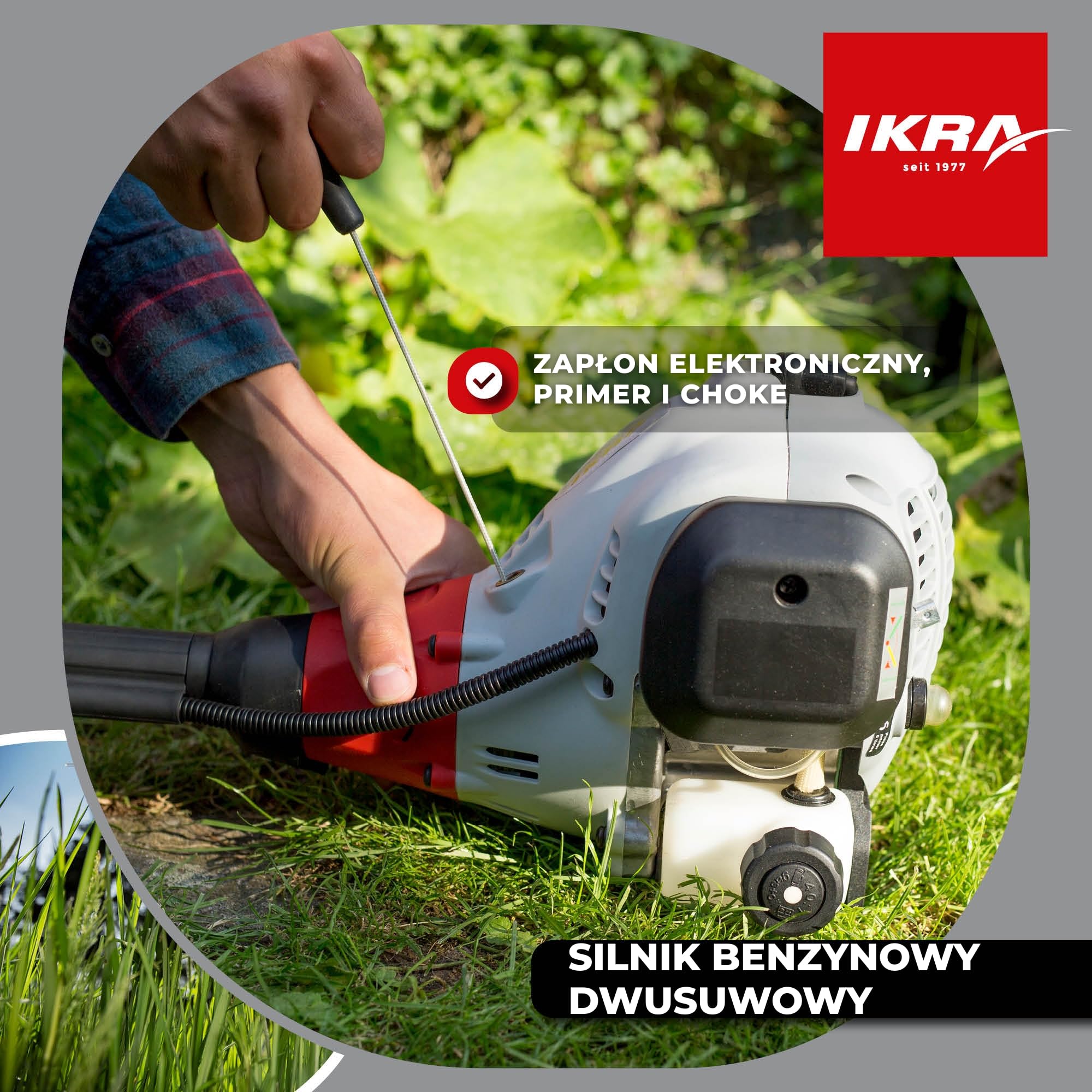 IKRA Podkaszarka spalinowa IBF 25-1 szpula żyłkowa,trójząb i szelki | Silnik 2-suwowy 25 cm³, 0,8 kW, uchwyt rowerowy, szerokość cięcia 23 cm do wysokiej trawy, gałęzi i chwastów