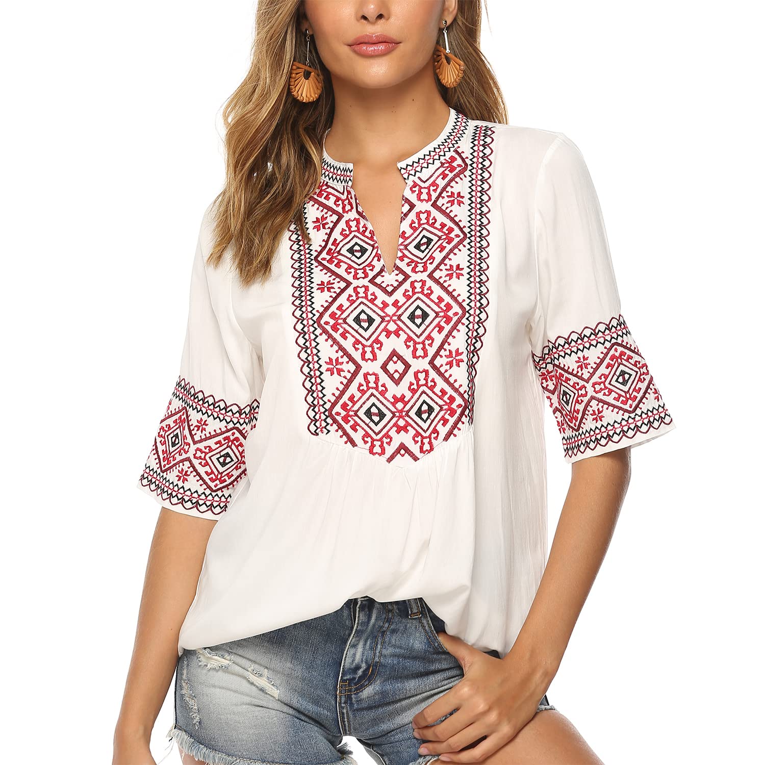 Seasonal Ucraina Camicetta Estiva Donna Tunica Ricamo folcloristico Tops Boho Hippie Maniche Corte Top Allentato