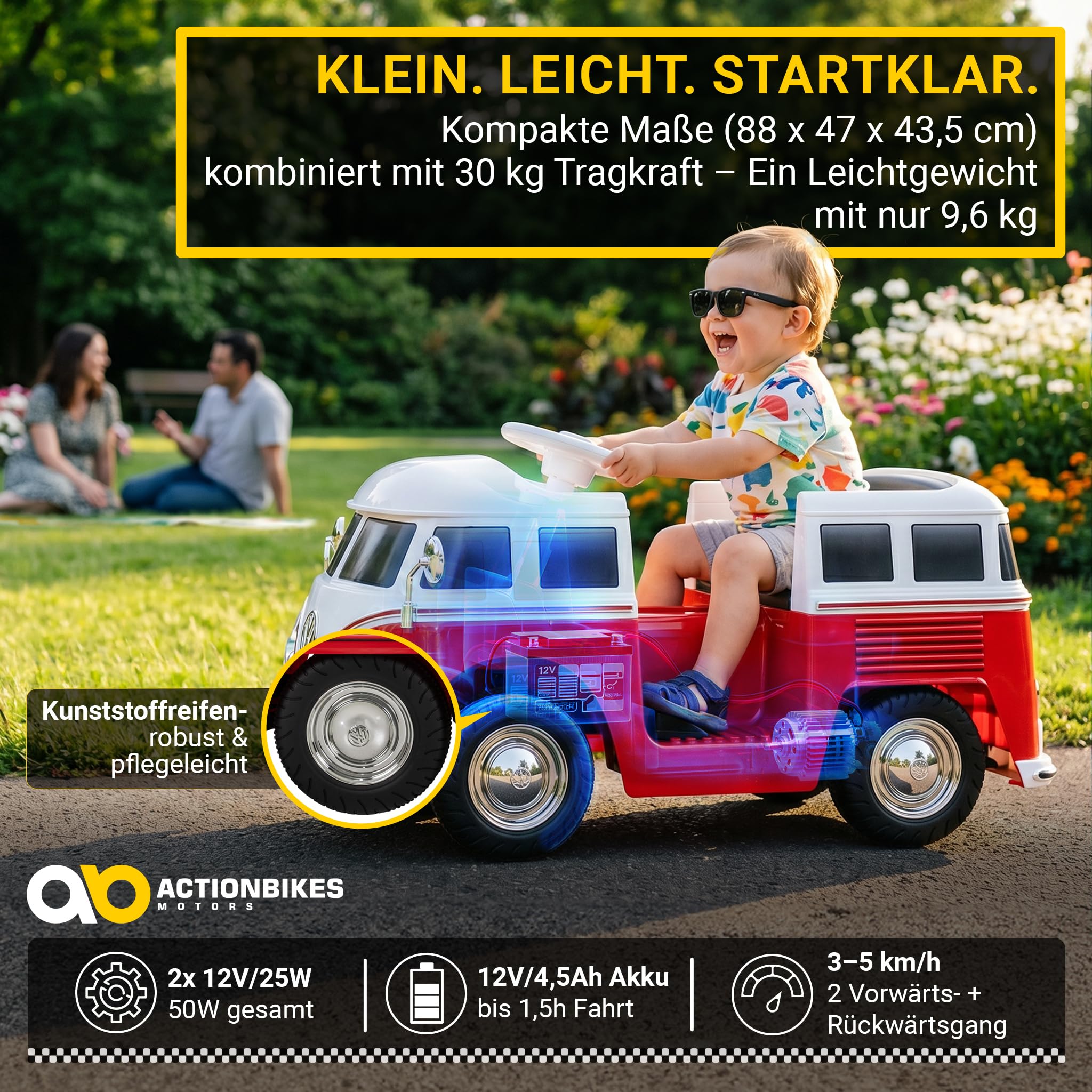 Actionbikes Motors Kinder Elektroauto VW T1 Camper Bus | 2,4 Ghz Fernbedienung - Lizenziert - Spielzeugauto - Kinderauto elektrisch - Elektrofahrzeuge - Elektro Auto für Kinder ab 3 Jahre (Rot)