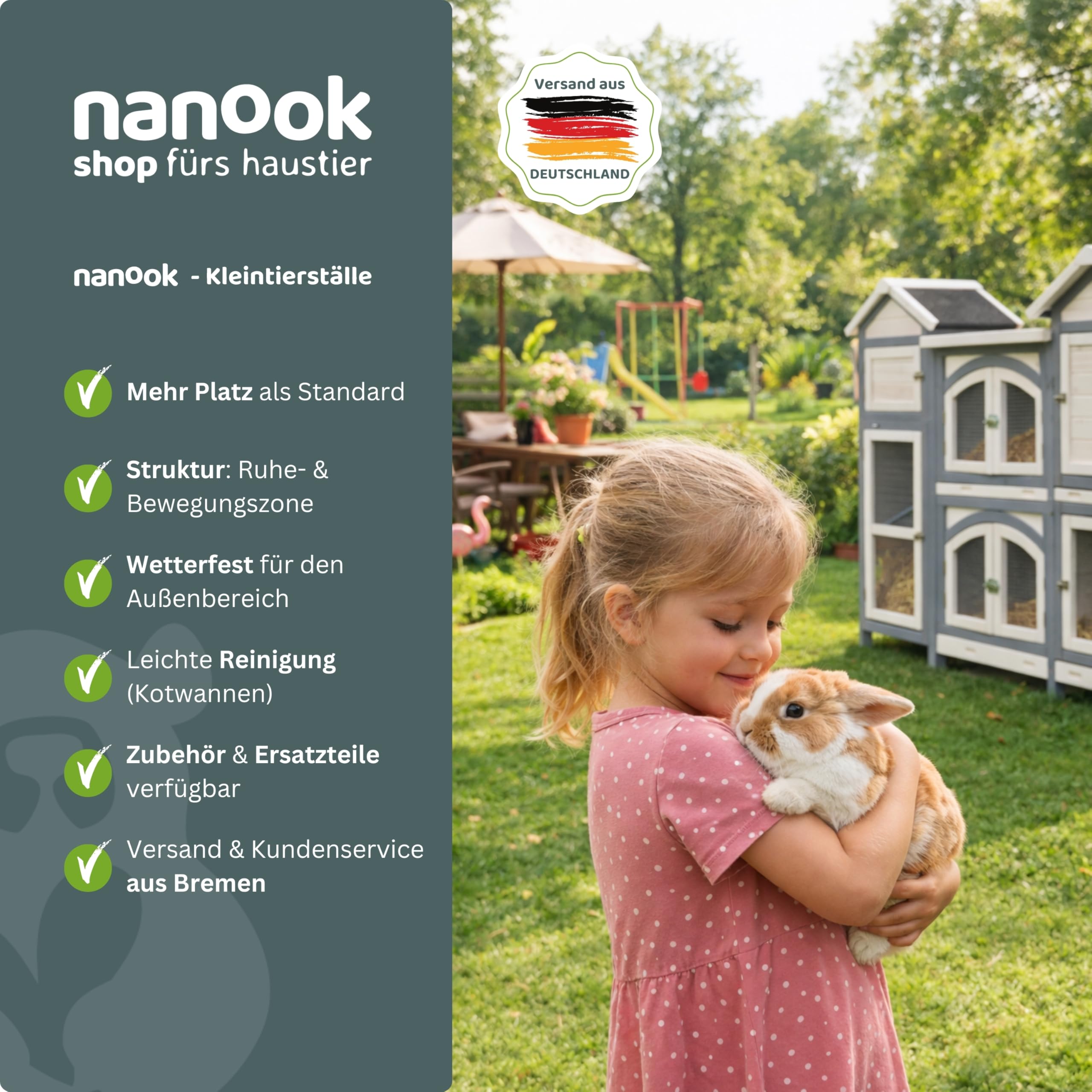 nanook Kaninchenstall, Hasenstall Castle XXL mit seitlichen Aufgängen für mehr Platz - wetterfest - Staufach - extragroß 181 x 43 x 127 cm grau/Weiss