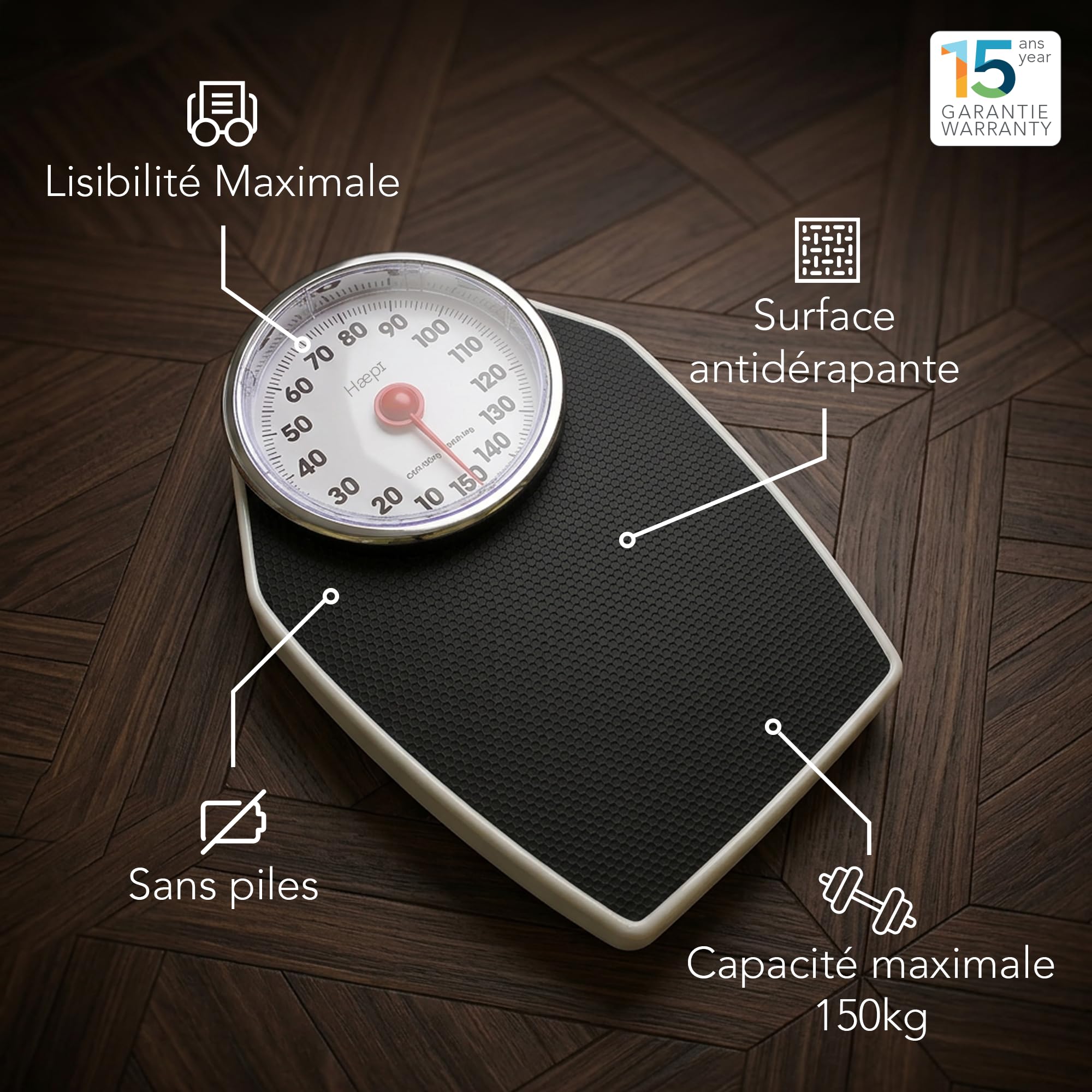 Balance Pèse Personne Mécanique 150 kg Grand Plateau Antidérapant Design Rétro