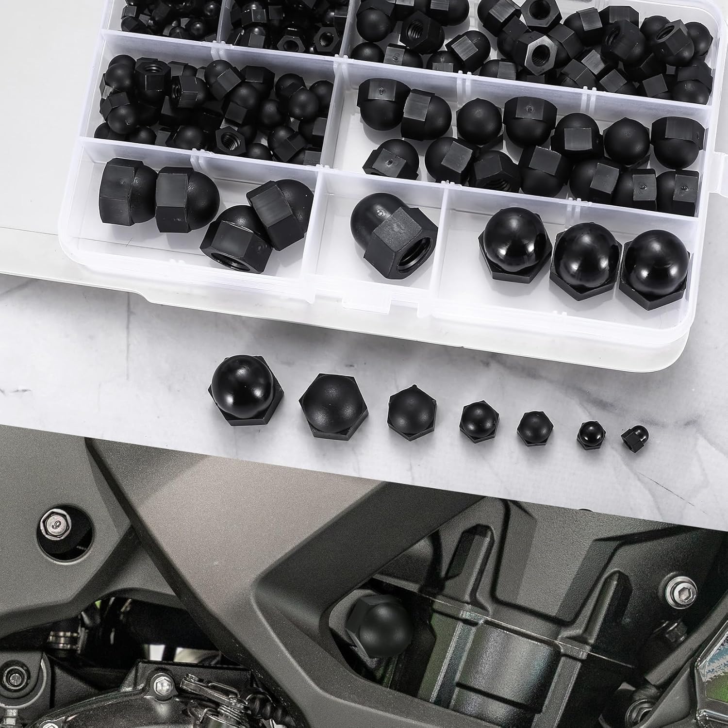 165 Pezzi Dado Cieco a Calotta Set, Dadi Ciechi, M3/M4/M5/M6/M8/M10/M12 Dadi a Cupola Esagonali per Viti, Dado Testa Chiusa nylon a Cupola Copri Bulloni
