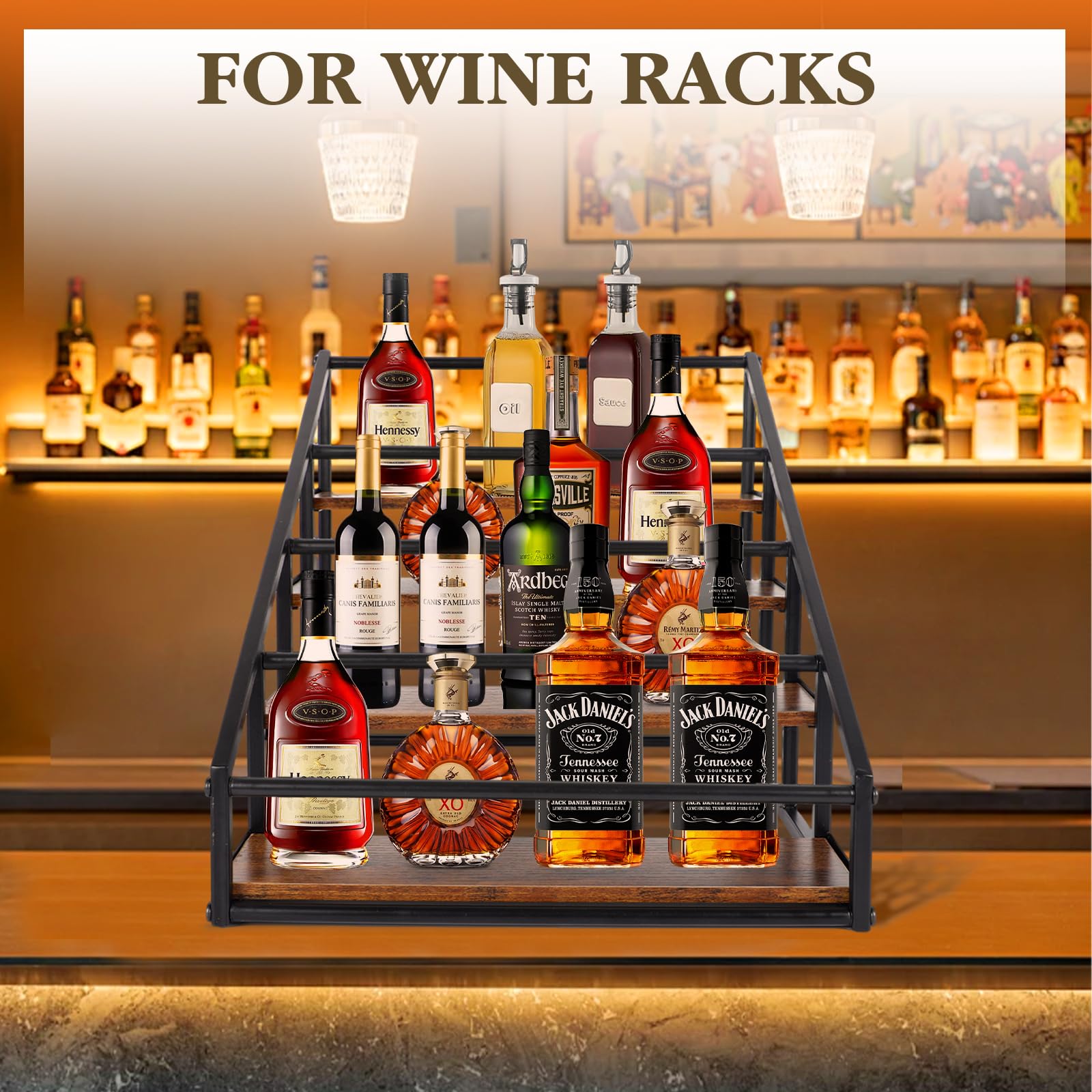 Botellero con bandeja, 4 niveles de madera y metal para 16 botellas de licores y jarabes, estantería retro de bar y estante de cocina, organizador de jarabe multifuncional para café y especias
