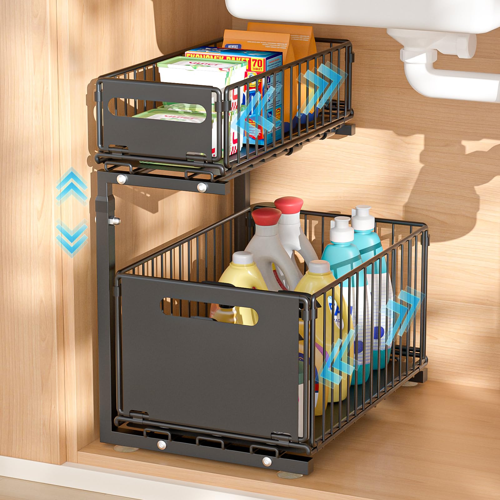 Vankarr 2 Niveaux Rangement Sous Évier,Organisateur Sous Evier Cuisine,Hauteur Réglable Rangement Sous Evier Cuisine,Coulissant Organisateur Sous Evier,pour Cuisines,Bureau, Bain (Noir,1 Pièce) - 2