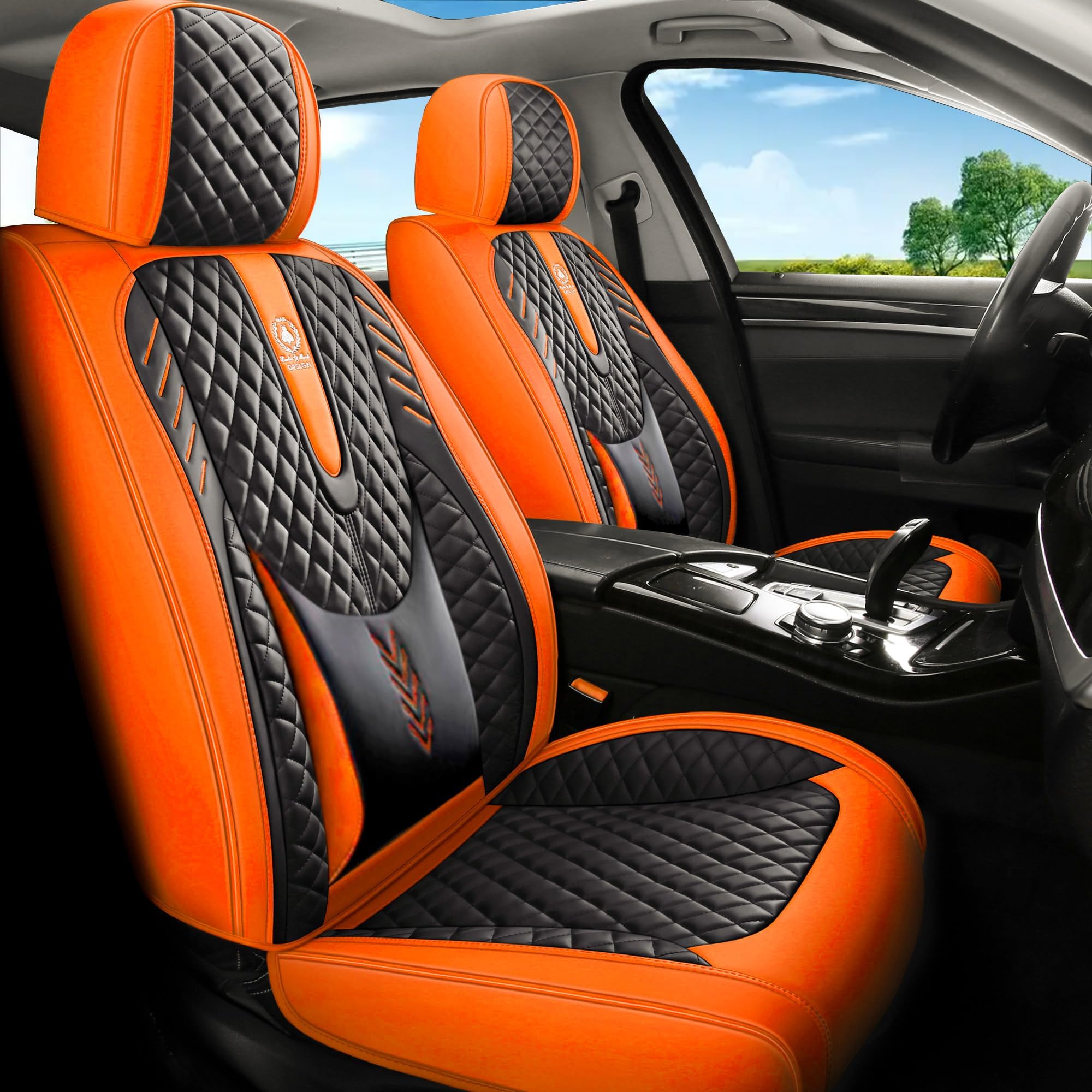 INZU Car Seat Cover 5-Seats Full Set Universal fit, Suitable for Most Cars, SUV, Airbags Compatible with Synthetic Leather Car Seat Cushion Protectors. (Black & Orange)