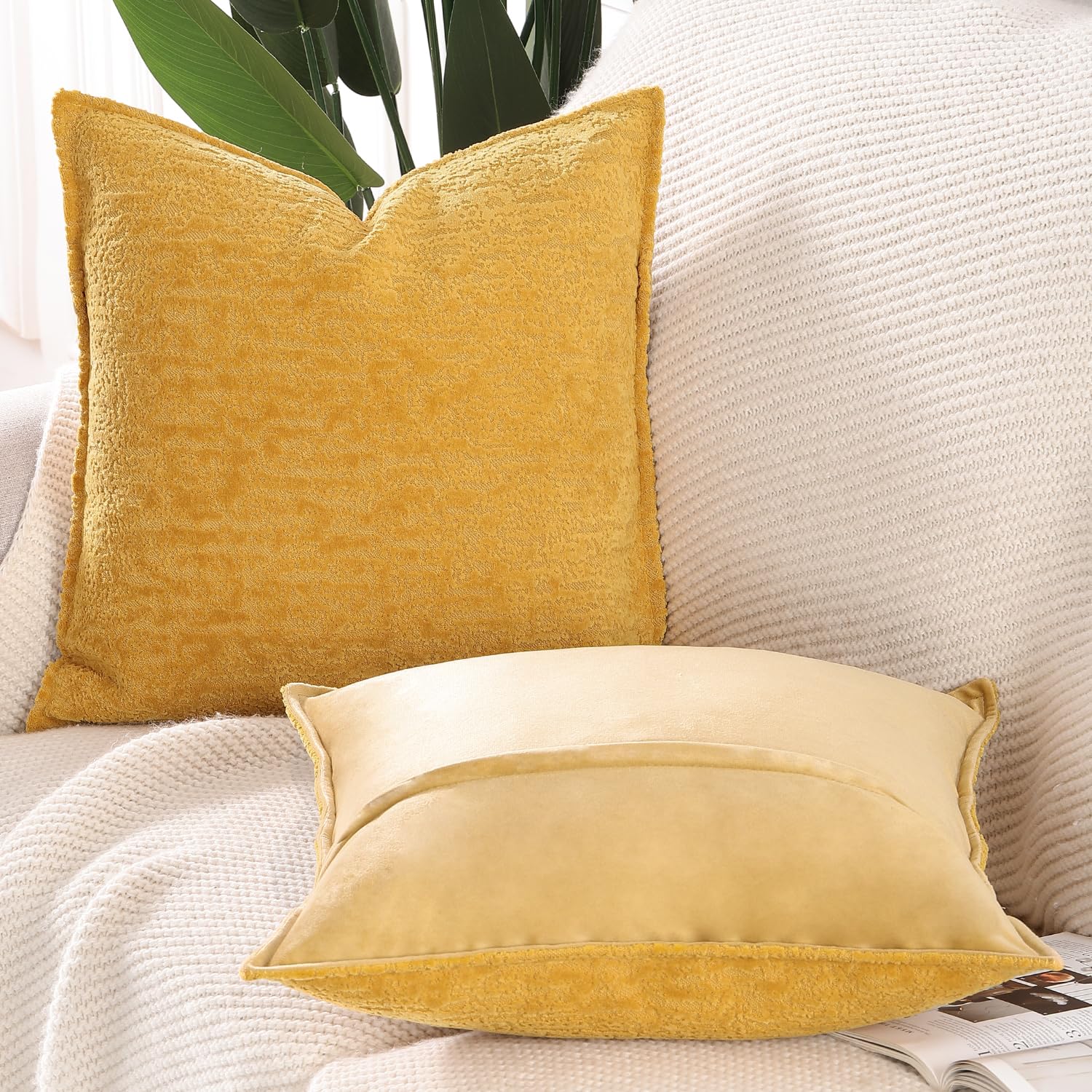 Madizz Pack of 2 Chenille Velvet Cushion Covers 45x45 cm Mustard Yellow Soft Neutral Decorative Throw Pillow Covers Accent Boho Pillowcases for Couch Sofa Modern Farmhouse Home Decor - Image 2