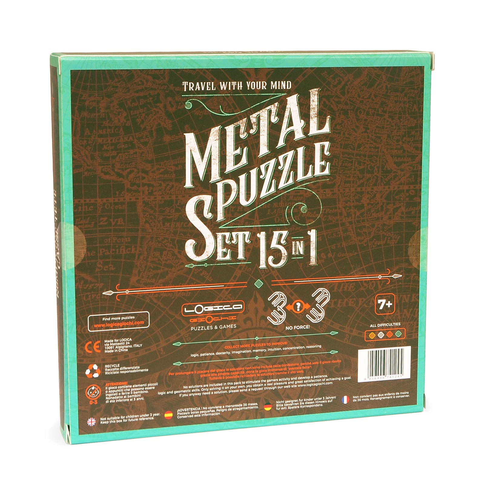 Logica Giochi art. Set 15 in 1 Metallo Azzurro - Set Rompicapo in Metallo - Tutte le difficoltà - Serie Viaggiatori da Collezione