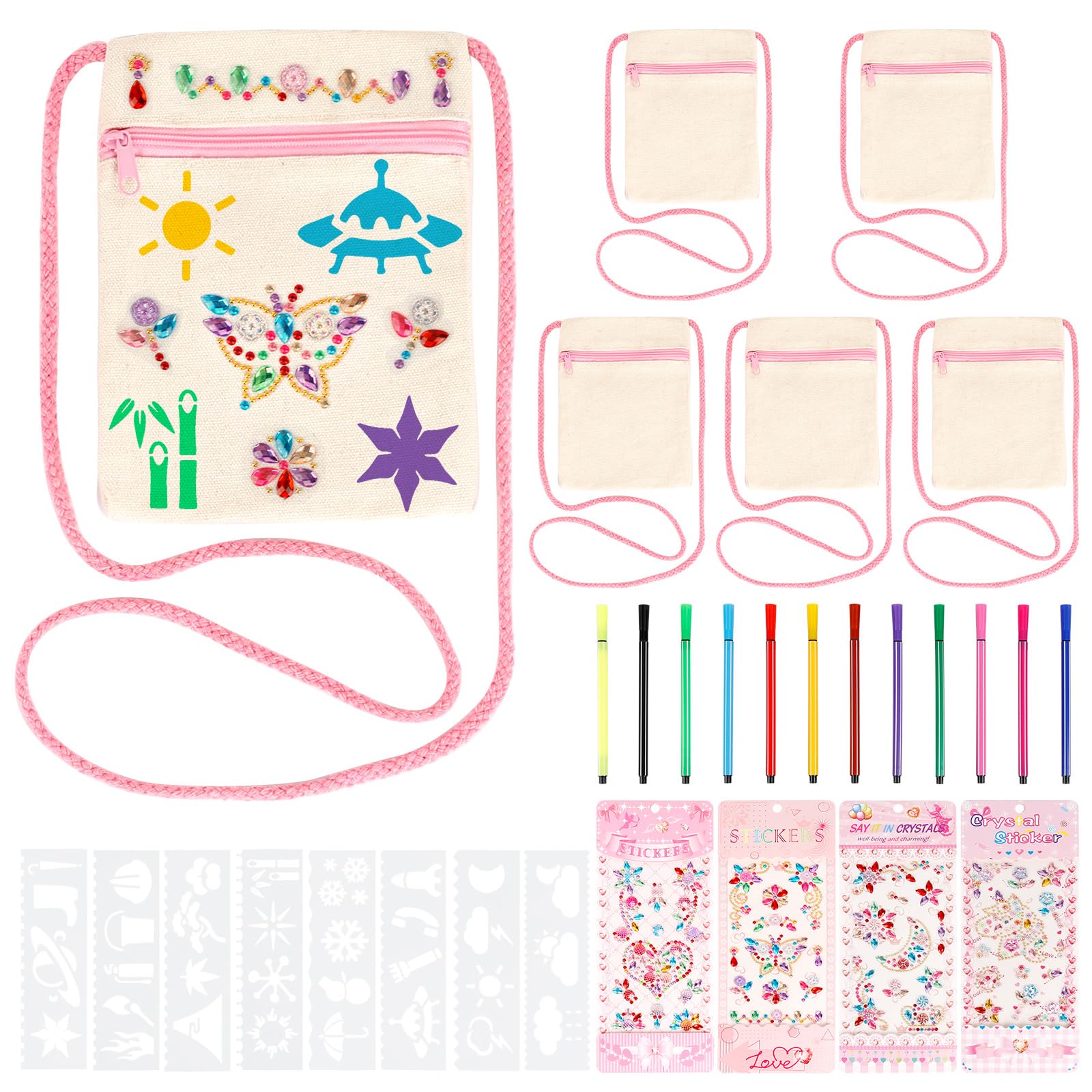 Stoffbeutel zum Bemalen für Kinder,Rosa Umhängegeldbeutel Kinder,Brustbeutel zum Bemalen mit 4 Aufkleber 8 DIY Malschablonen und 12 Buntstift,Kleine Schultertaschen für Schule,Party,Geschenk