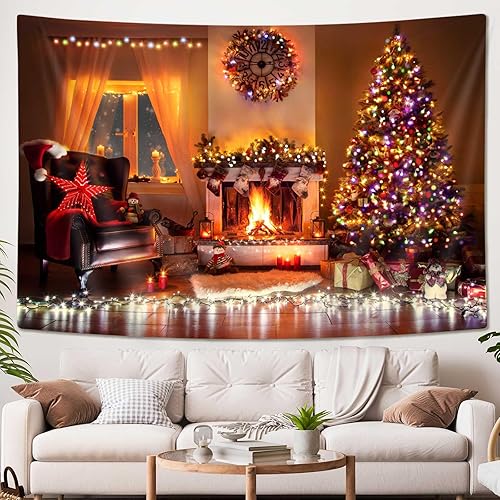 Drgilau Tapiz de Navidad, tapiz de pared de árbol de Navidad, tapiz de chimenea de Navidad, tapiz de decoración de regalo de feliz Navidad, tapiz