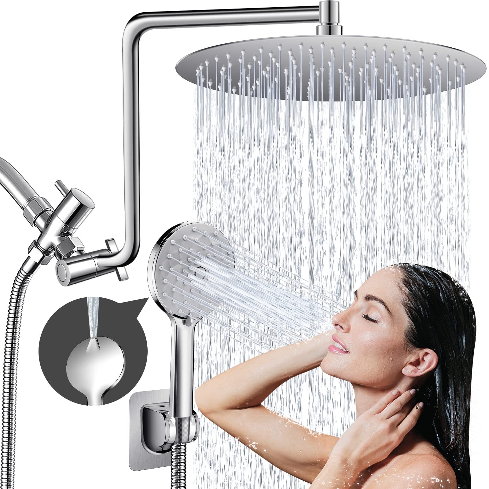 BeekimRain Shower Head, 12 Inch High Pressure Shower Heads and Handheld Combo with Upgraded 12" Adjustable Curved Shower Extension Arm, 6 Settings Hand held Showerhead Built-in Power Wash Anti-leak（Chrome）