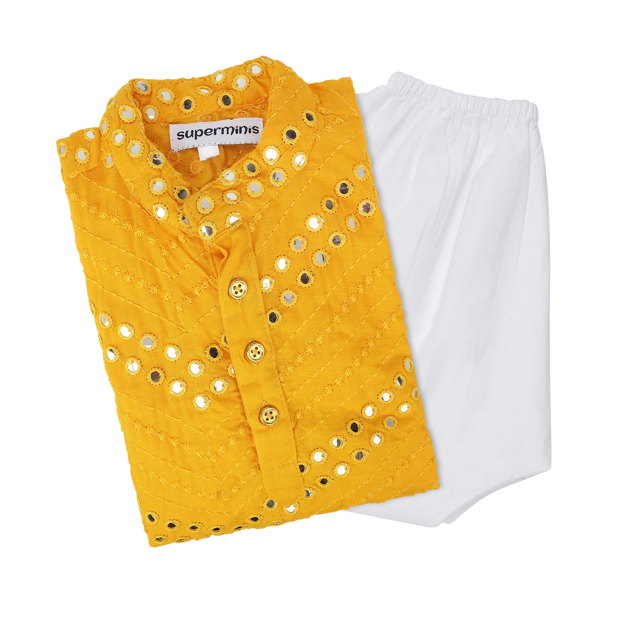 superminisBoy's Rayon Kurta with Mirror Embroidery and Pyjama with Elastic Closure