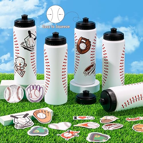 Miniatura 5 de DI QIU REN 12 botellas de agua de béisbol a granel con 300 calcomanías, botellas de agua de béisbol reutilizables de plástico de 20 onzas para