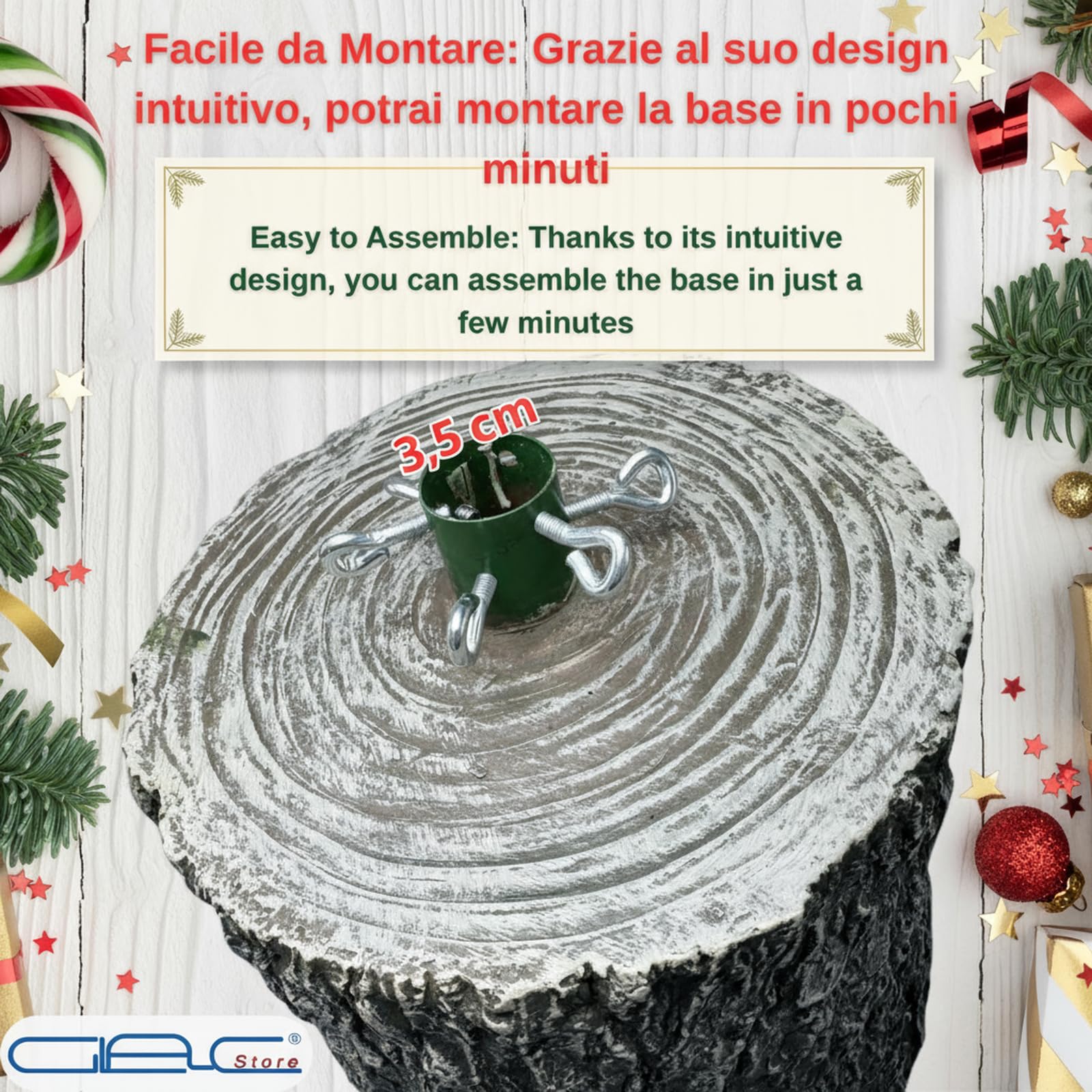 Base Tronco per Albero di Natale, Grigio Effetto Legno, 34x26x30 cm, Supporto Robusto con Design Rustico, capacità 4,25 kg, Montaggio Facile, per Alberi Fino a 240 cm