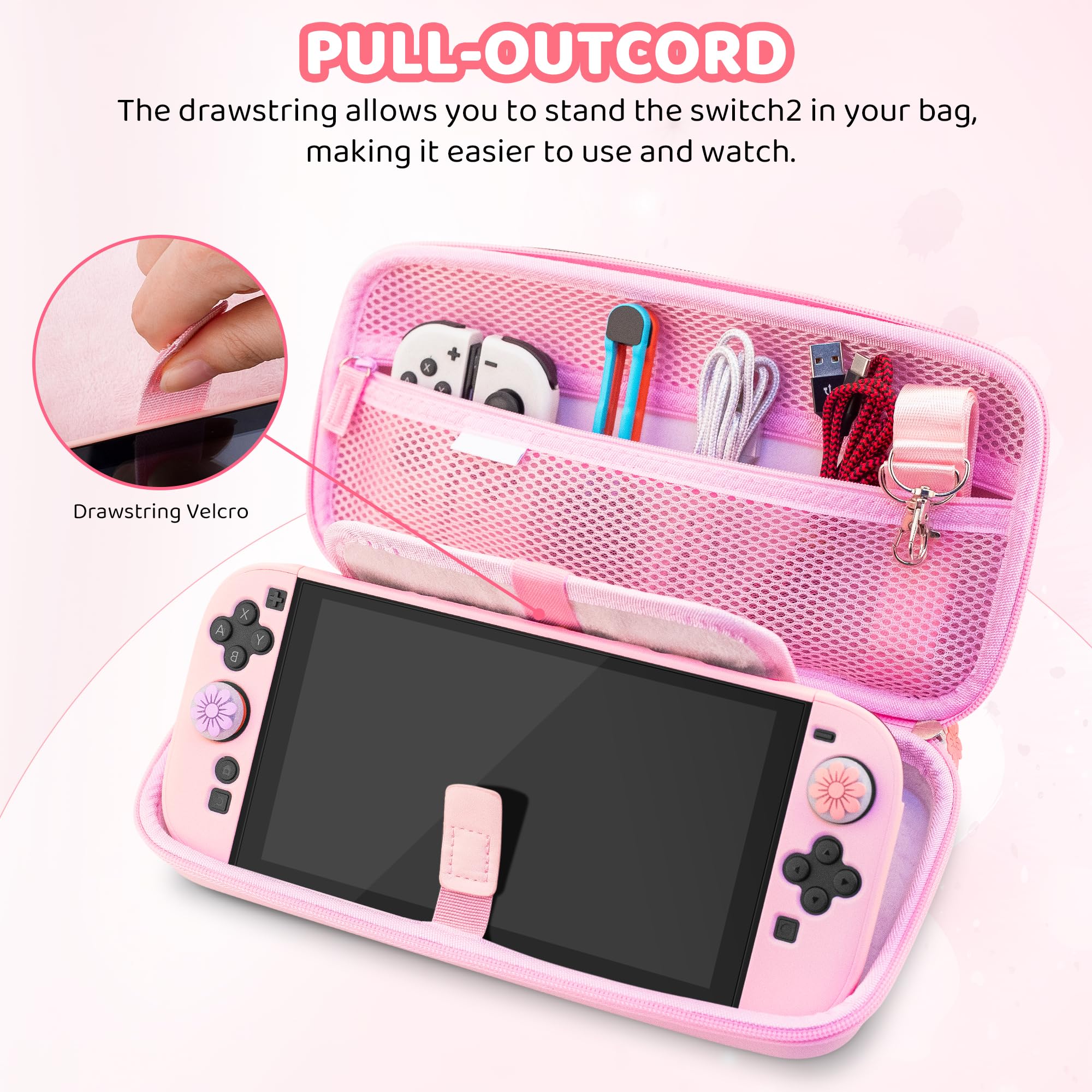 RHOTALL Pink Cherry Blossom - Bolsa de viaje para Nintendo Switch 2 (2025) de 7,9 pulgadas, bonita bolsa de viaje con carcasa rígida para Switch 2, protector de pantalla, 2 tapas para el pulgar