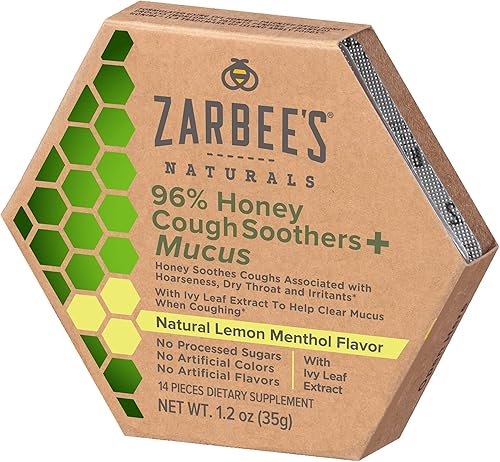 Zarbee's Naturals - 96% de miel para la tos + moco con extracto de hoja de hiedra, sabor a mentol de limón, 16.8 onzas, 14 unidades