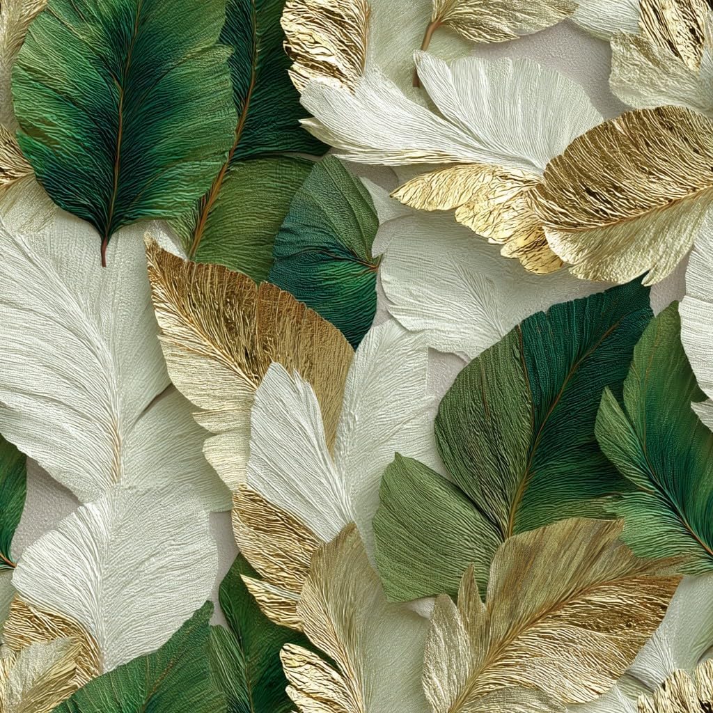 Luxury Modern Feather Wallpaper Self Adhesive Peel and Stick Exquisite White & Lustrous Gilded Feather Texture Wall Paper Removable Waterproof for Bedroom Renter Friendly 17.71"x236.2"