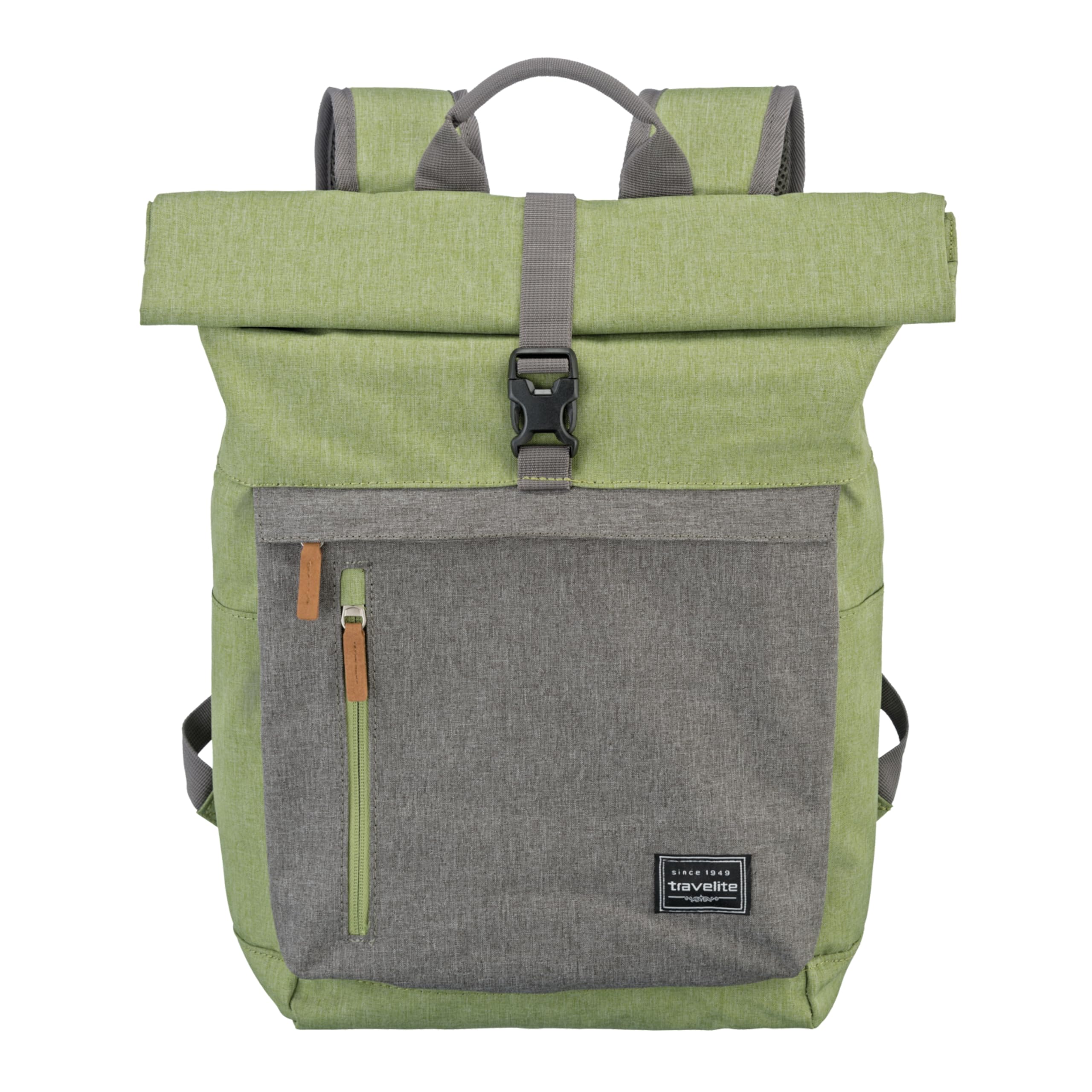 Travelite BASICS Handgepäck-Rucksack, 35 Liter, Laptopfach bis 15,6 Zoll, Rolltop, 60 cm, Grün/Grau
