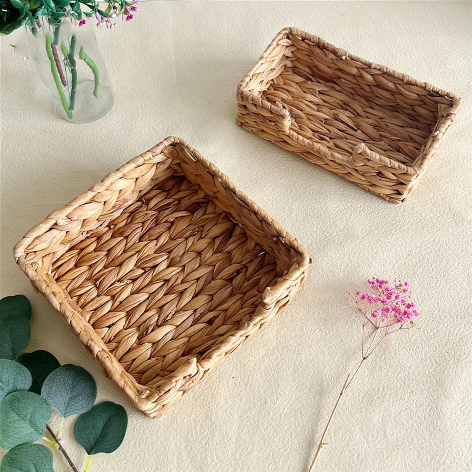 Kosmetiktücherbox aus Rattan Tissue-Box aus gewebtem Gras im Landhausstil, handgefertigt, gewebte Serviettenbox, Tissue-Ablage for den Haushalt, Diverse Aufbewahrungskörbe(Square-L-2pcs)
