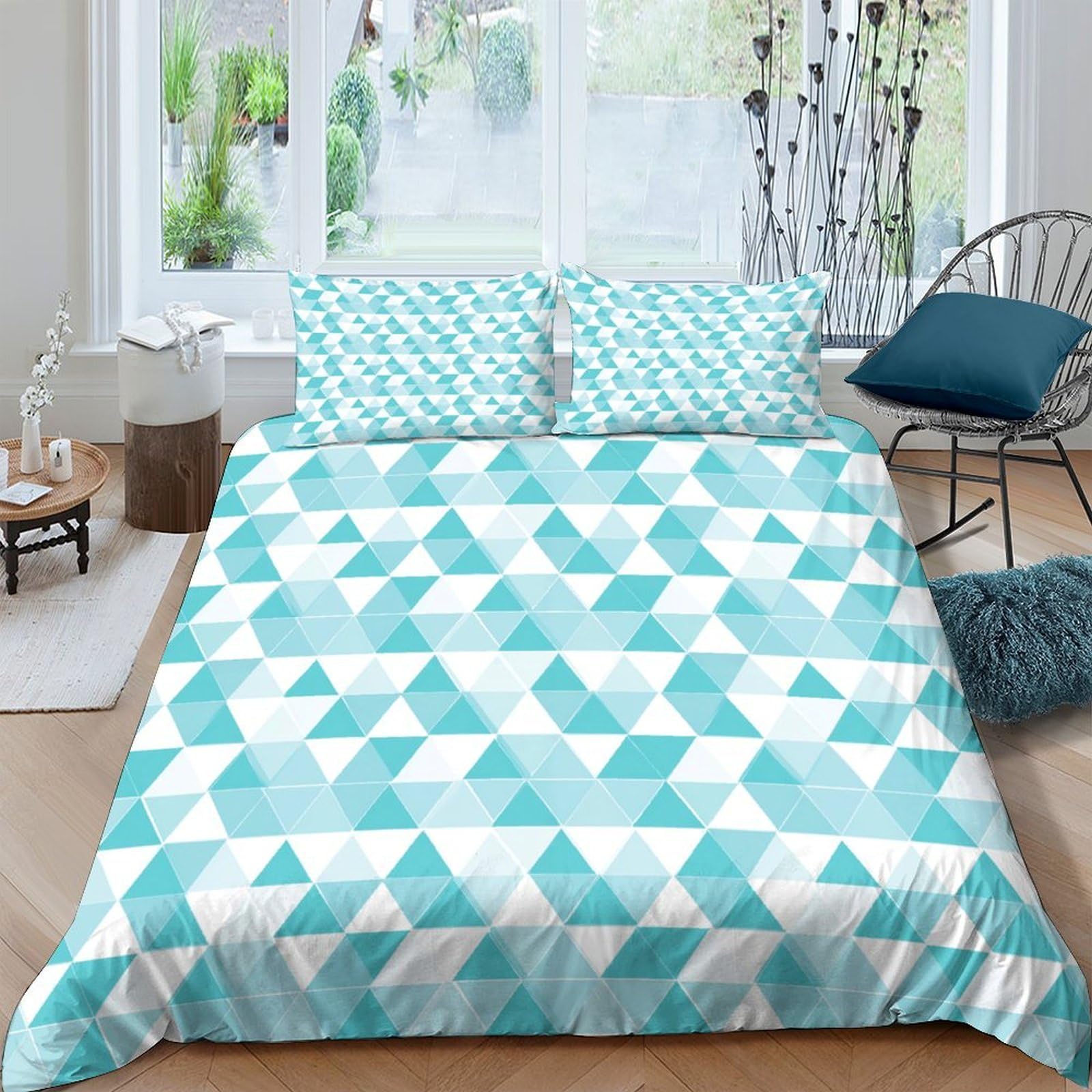 Ctjqhvkz Style-8 3D Printed Turquoise Geometric Pattern Fitted Sheet Microfiber Soft Breathable Triangle Bed Cover For Bedroom Guestroom Decor Single（135X200cm）