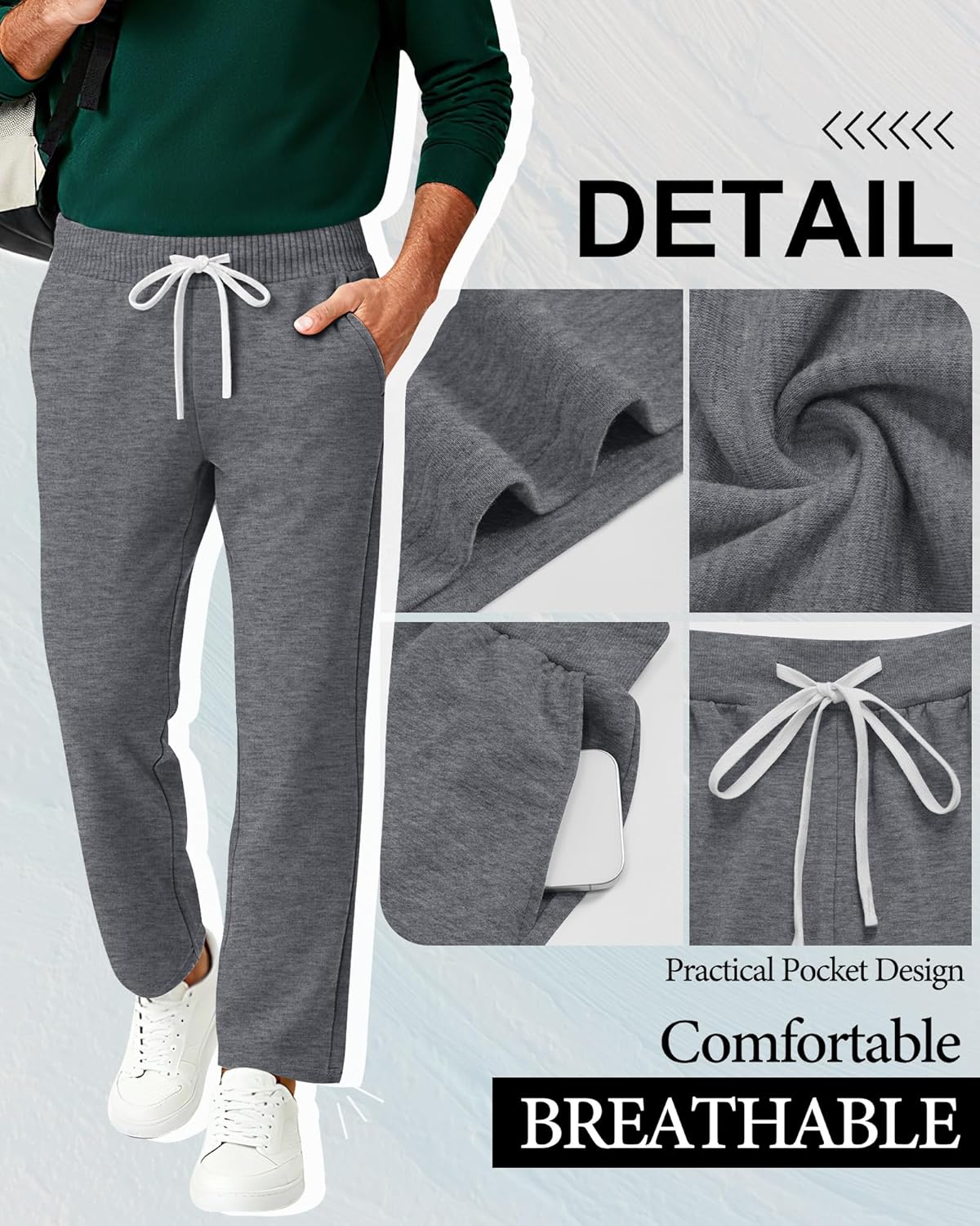 3 Pack Men's Sweatpants Lightweight Wide Leg Drawstring Open Bottom Pants Baggy Athletic Joggers Lounge with Pocket - Image 4