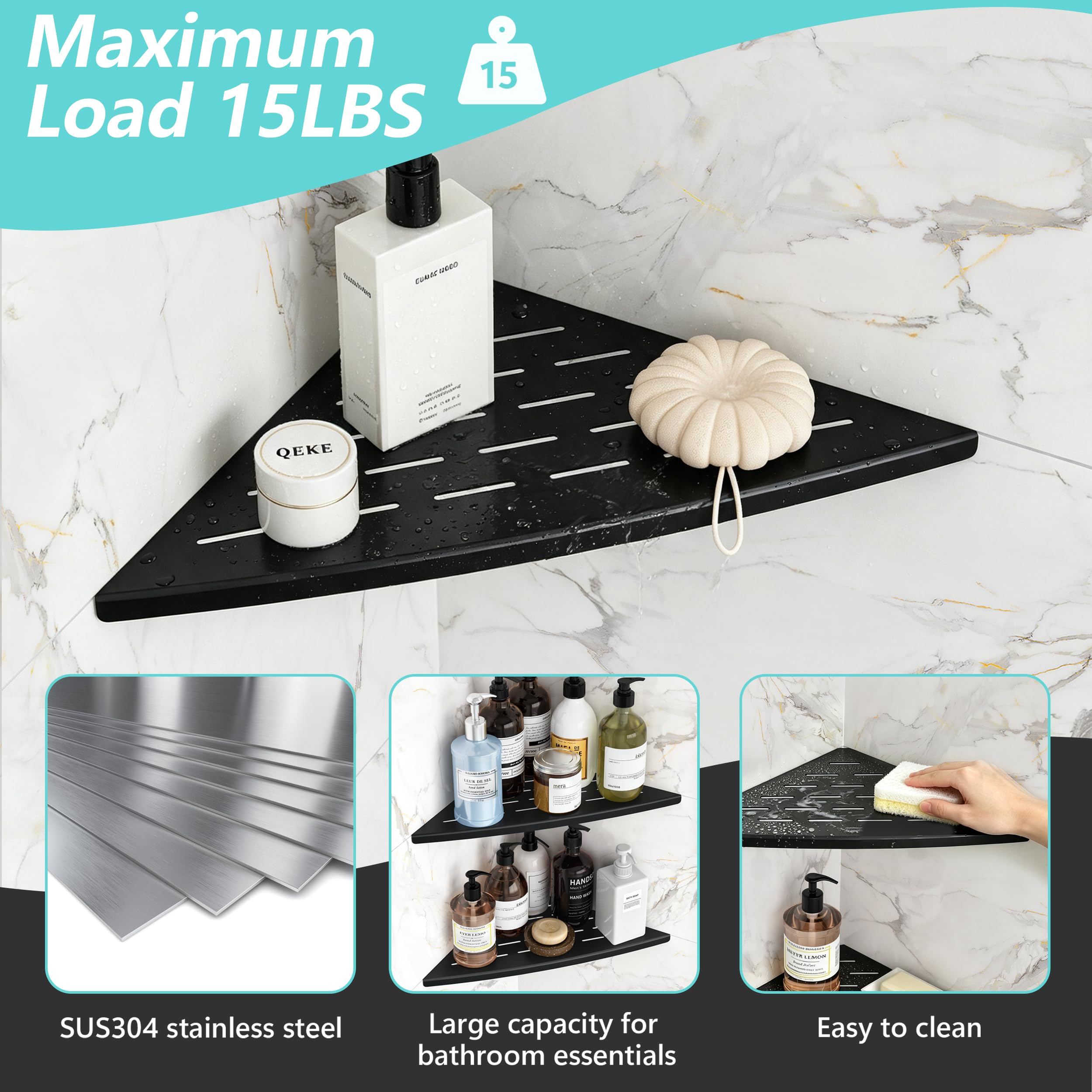 Qeke Estante de ducha esquinero negro mate, acero inoxidable 304 de 11.5 pulgadas, estante esquinero empotrado para pared de azulejos, estantes flotantes de ducha, soporte para champú, sin taladrar