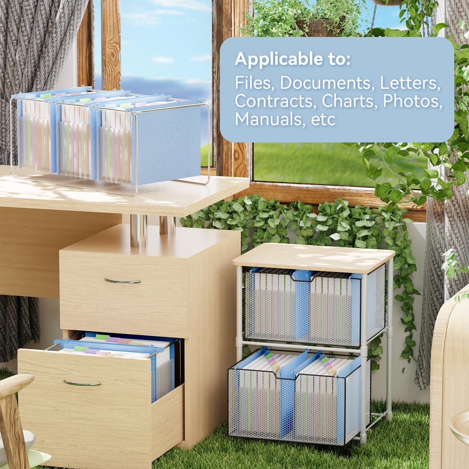 ANSOOK Lot de 3 dossiers suspendus en paille de blé format lettre, 7 poches accordéon de 3 cm, dossiers d'armoire avec onglets, grande capacité, bleu naturel pour la maison et le bureau