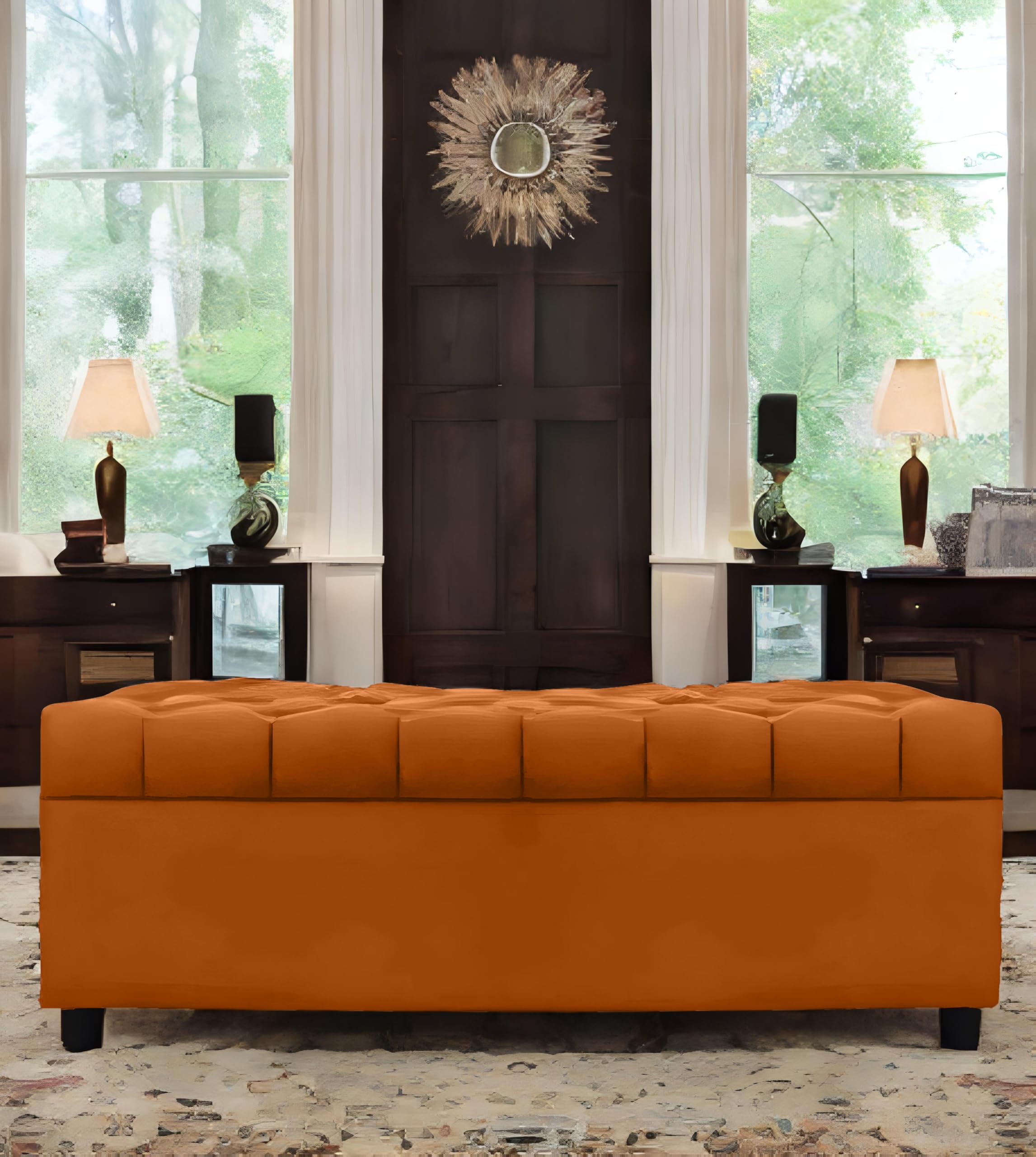 AMATA Eagle Solid Wood 2 Seater Ottoman/pouffe Orange Suede Velvet Perfect for Home Living Office Room and Guests (Orange 3, 2 Seater)(3 Year Warranty)