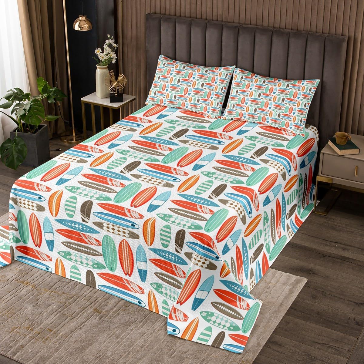 Colorful Surfboard Quilt Set for Kids Teens,Sea Surfing Bedspread Coverlet,Summer Sports Bed Cover Summer Vacation Bedding Set Decorative Quilted 2 Piece Coverlet Set with 1 Pillow Sham,Twin Size