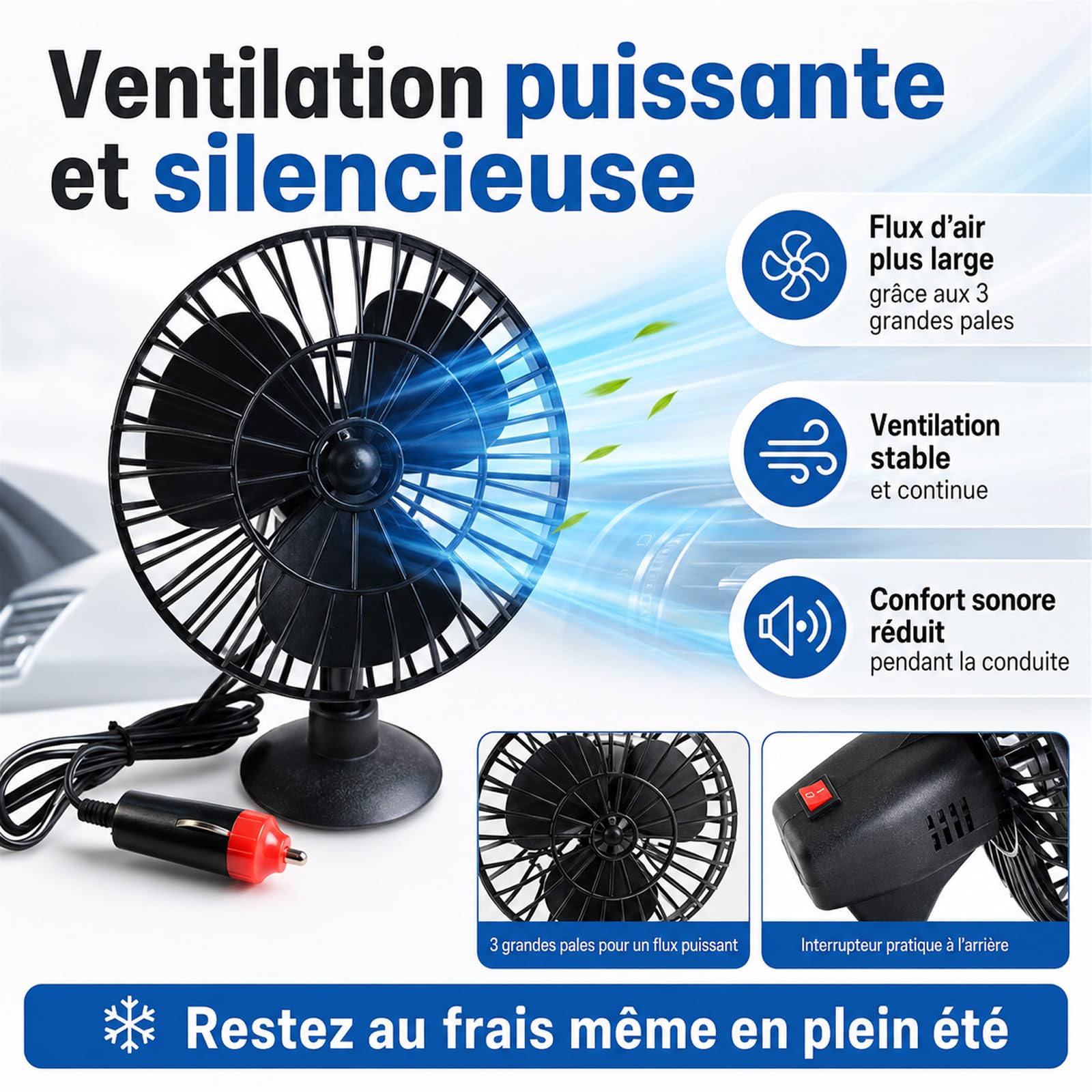 Ventilateur de Voiture 12v, Ventilateur de Voiture Allume Cigare Portable Camion Ventilation Ventouse RéGlable Ventilateur de Bureau