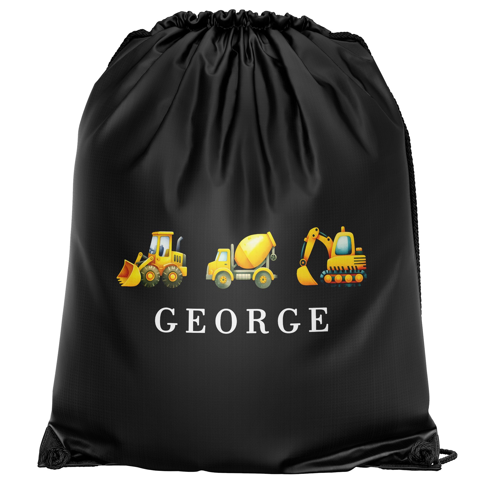 Purple Print House Boys Personalised Construction Drawstring Bag Kids Digger Design Sports Bag for PE Kit Infants Back to School Gift, One Size, Black