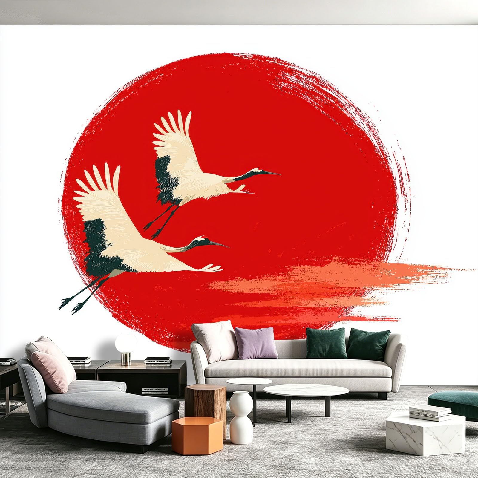 Ukiyo-E - Papel pintado fotográfico japonés de 250 x 175 cm, no tejido, de forro polar, impresión artística de sol rojo grulla para dormitorio, sala de estar, comedor, decoración de póster
