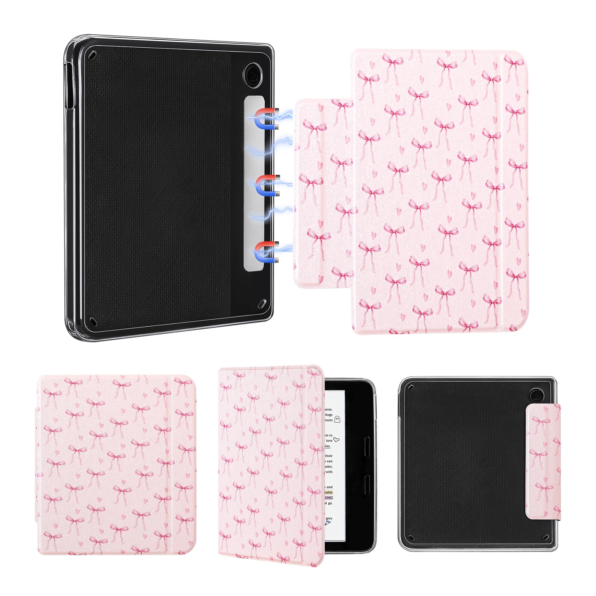 Magnetic Detachable Case for 7" Kobo Libra Colour (2024) / Kobo Libra 2 (2021), Slim PU Leather Case and Ultra Clear TPU Back Cover with Auto Wake/Sleep, Pink Bow Tie-image-19