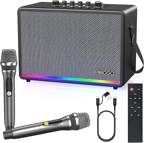 Altavoz Bluetooth portátil con 2 micrófonos inalámbricos, gabinete de madera de abedul de graves profundos de 70 W, sistema PA Bluetooth para