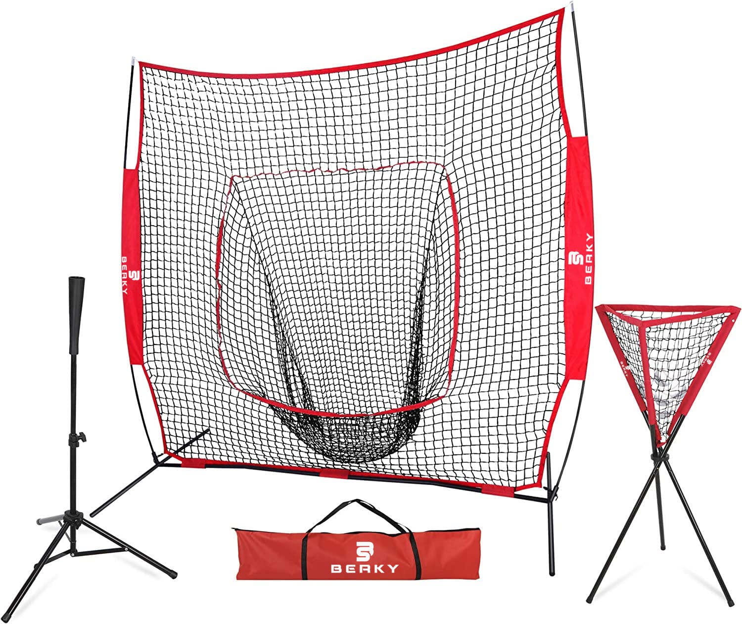 Berky Sports 7x7 Baseball Softball Practice Hitting Net, Net for Batting Practice with Tee Ball Caddy and Carrying Bag, Portable Training Net, Pitching Batting Baseball Softball Training Net