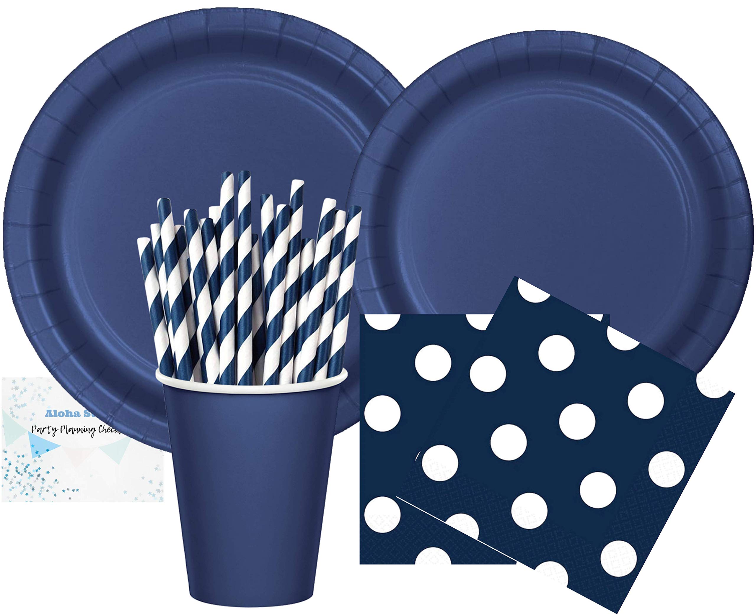 Navy Blue Party Supplies - Plates Cups Napkins and Straws for 16 People - Perfect for Birthday Party Baby Shower Bridal Shower Nautical Party and All Lavish Affairs