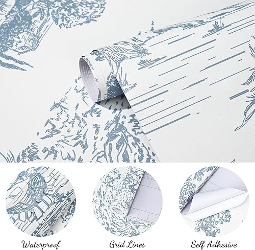 Miniatura 7 de WENMER Toile - Papel tapiz autoadhesivo de 17.7 x 118 pulgadas, papel tapiz francés vintage azul y blanco para dormitorio, sala de estar, papel de