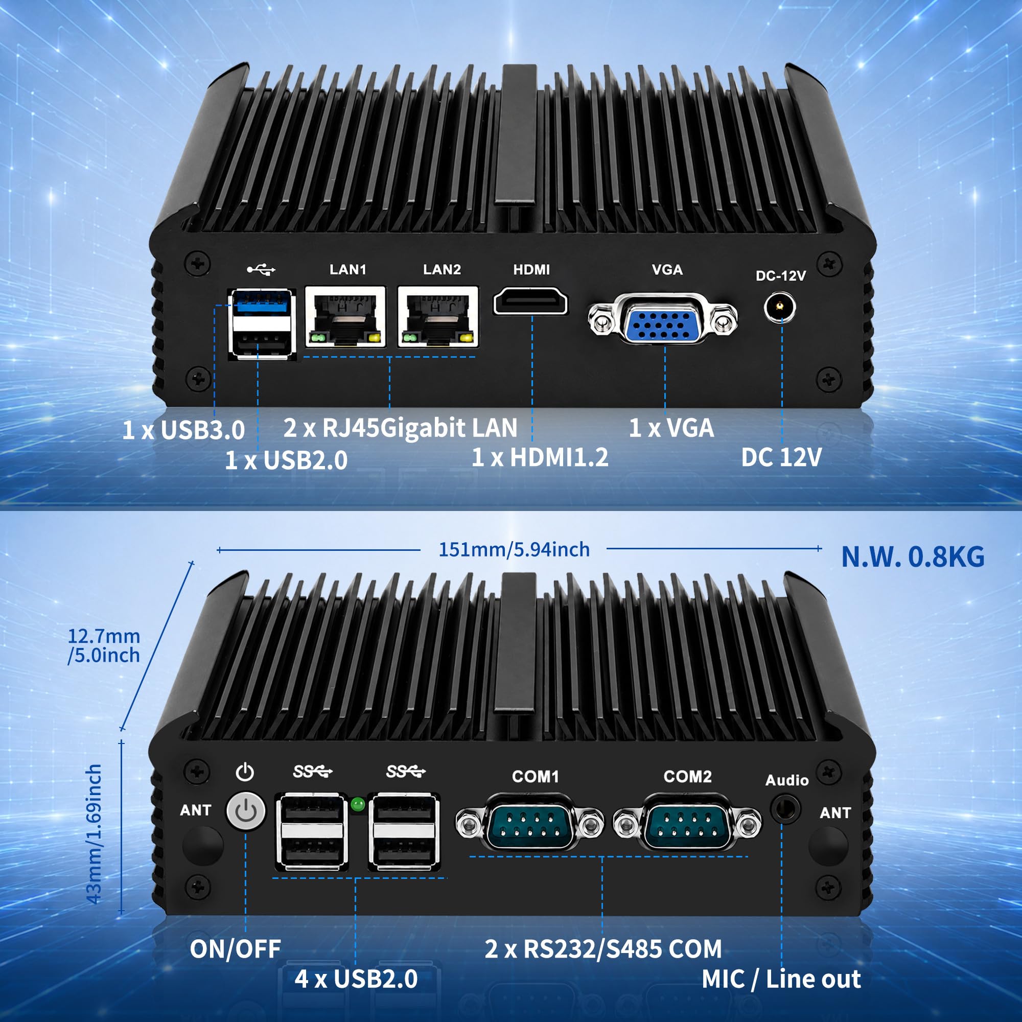 CWWK Mini PC Fanless Industrial N2840, 2X RS232/RS485 COM, 2 x Gigabit LAN, Micro Embedded Mini Computer Box, 8GB RAM 128GB mSATA SSD, Support SIM, mPCIe, SATA, HD, VGA, 6USB