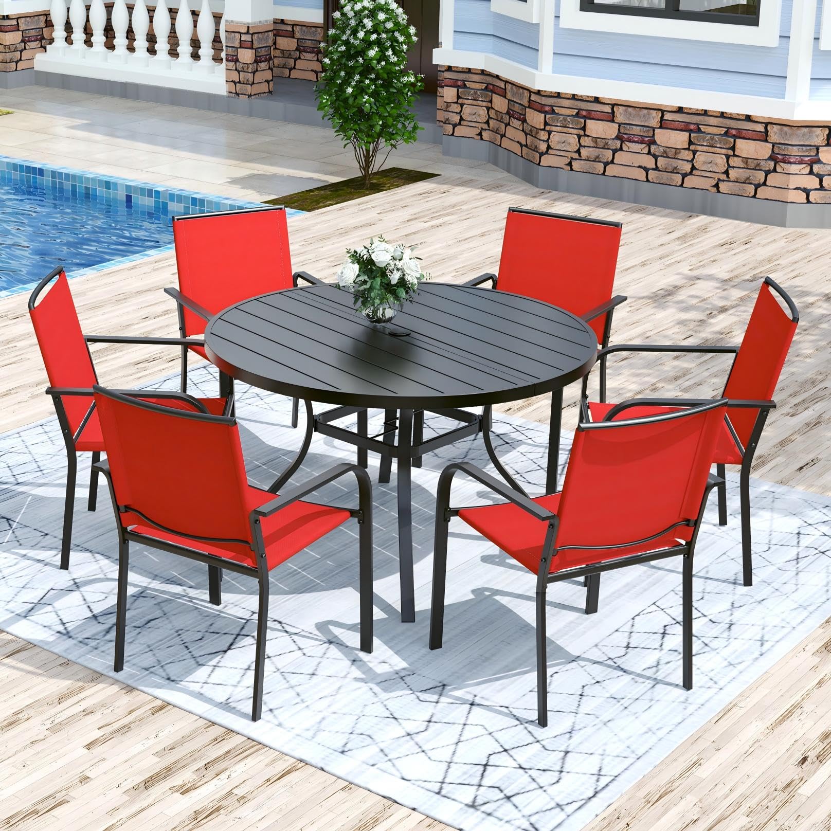 Anmutig 7 Piece Patio Dining Set 48 Inch Round Table Stackable Chairs Red