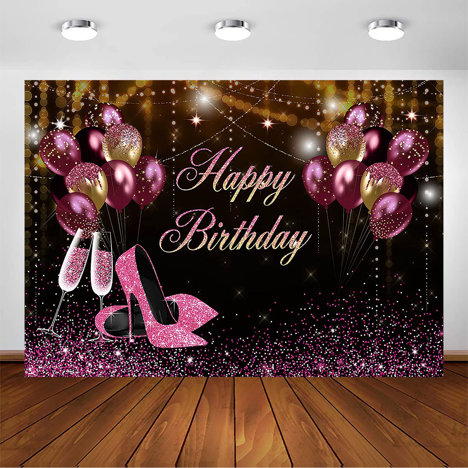 Avezano Black Gold Pink Glitters Birthday Backdrop for Girl Women Photoshoot Happy Birthday Party Banner High Heels Champagne Pink Golden Balloons