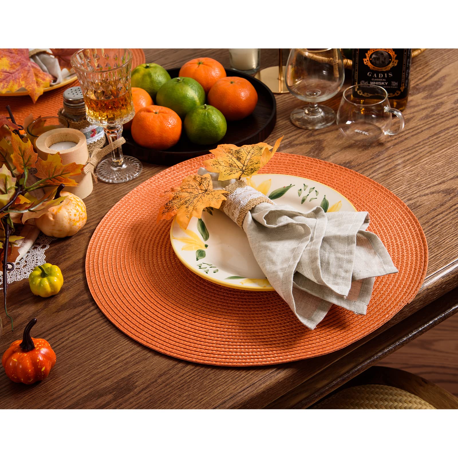 Runde Geflochtene Tischsets 2er Set – Herbst-Design Mit Kürbis & Blättern, 38,1 Cm, Hitzebeständig, Waschbar Für Küche & Esstisch