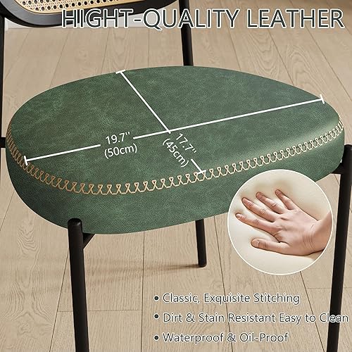 Miniatura 4 de Juego de 2 sillas de comedor de ratán, sillas de comedor tapizadas de cuero verde con respaldo de caña de ratán, sillas de comedor modernas de