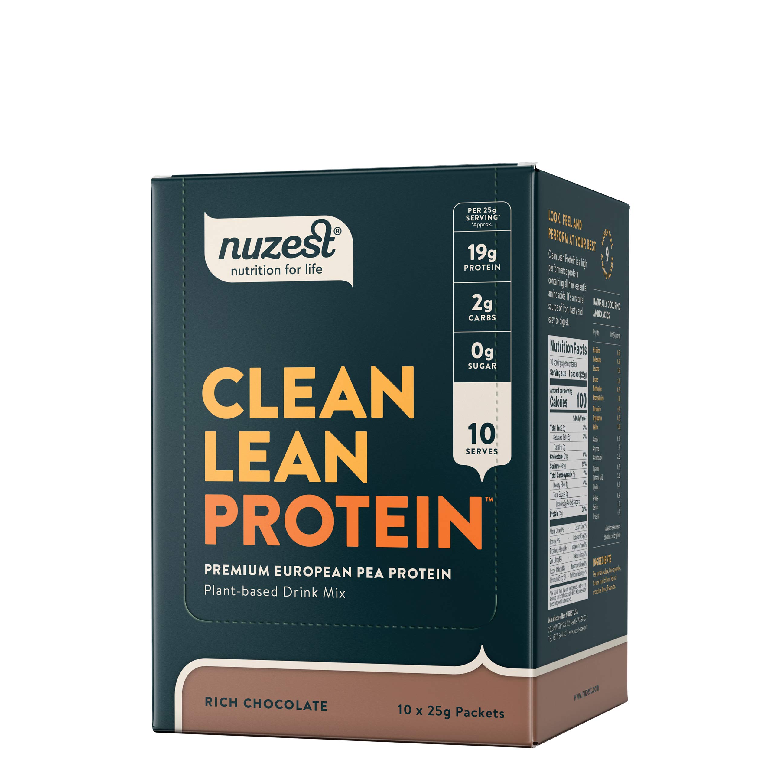 NuzestPea Protein Powder - Clean Lean Protein, Premium Vegan Plant Based Protein Powder, Dairy Free, Gluten Free, GMO Free, Protein Shake, Rich Chocolate, 0.9 oz, (Pack of 10)
