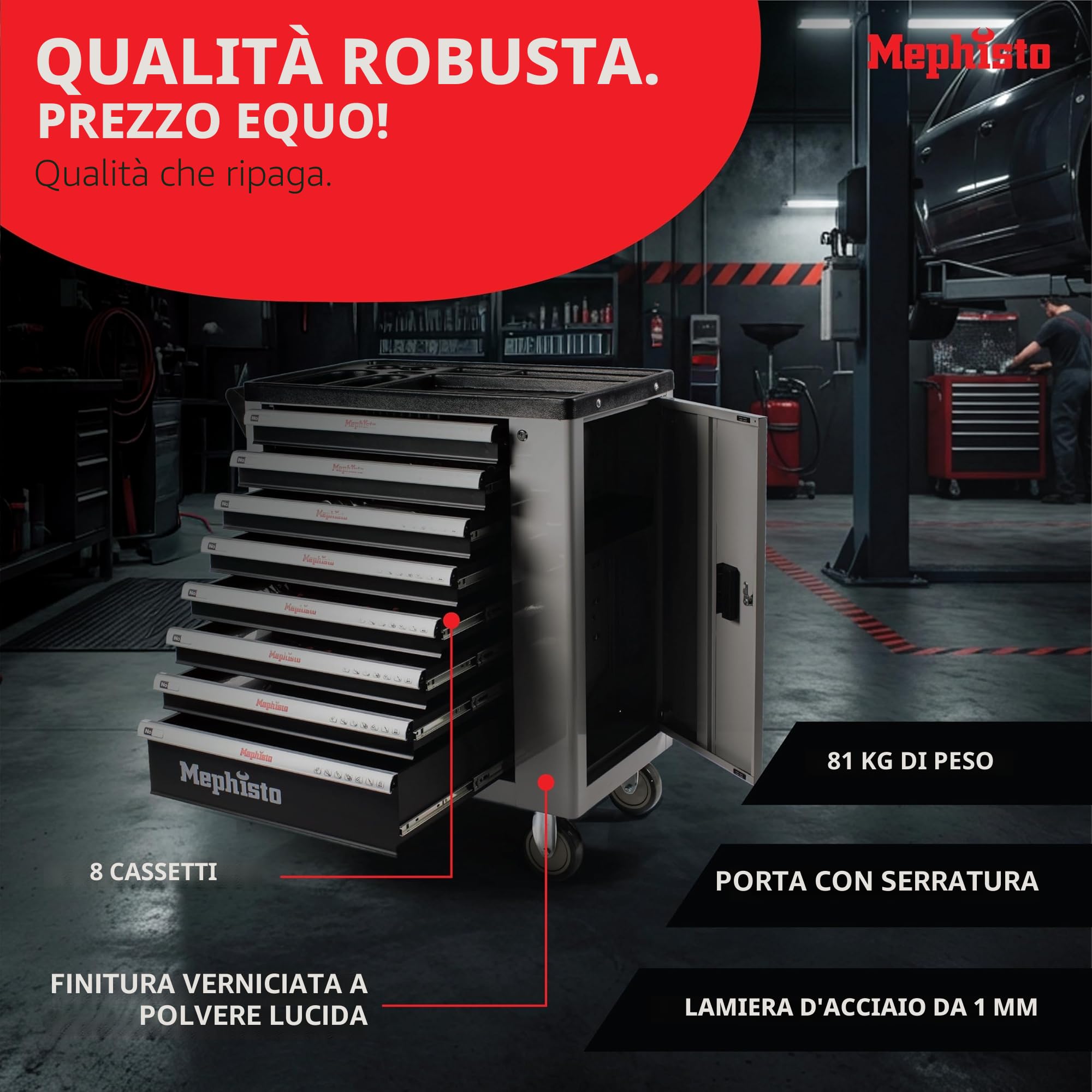 Mephisto Carrello portautensili da officina con 8 cassetti di cui 7 cassetti riempiti con attrezzi come chiavi, cricchetto con scatola di noce, cacciavite, ecc