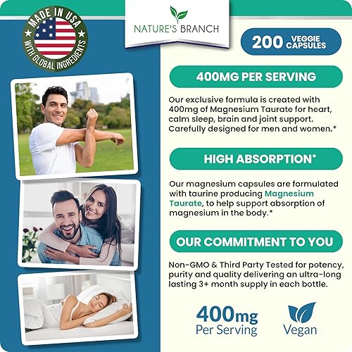 Miniatura 4 de Taurato de magnesio 400 mg  Alta absorción  200 cápsulas para dormir, salud cardíaca, calma y suplemento articular para mujeres y hombres  Fabricado